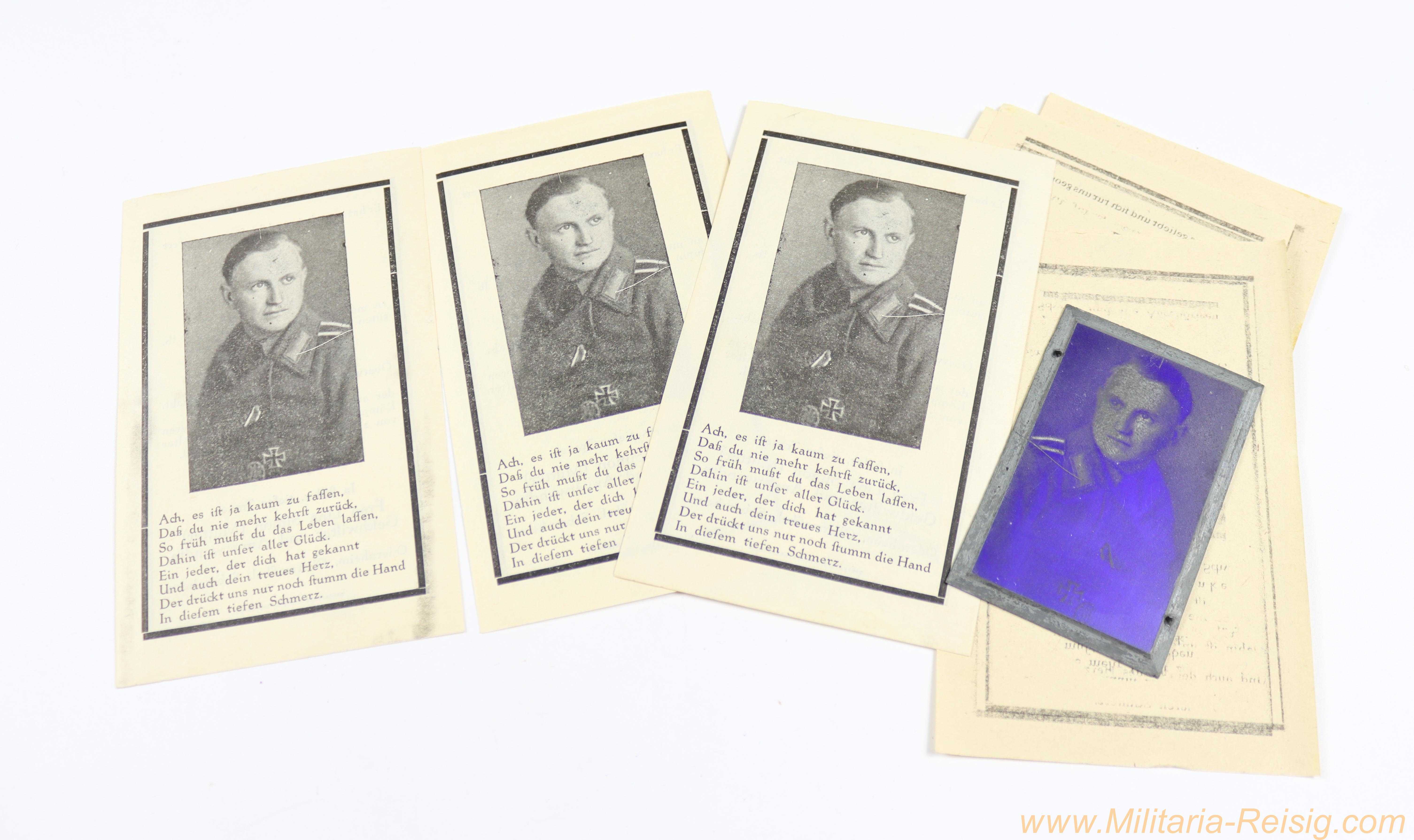 3 Sterbebilder mit Gedenkplatte und 5 Fehldrucken