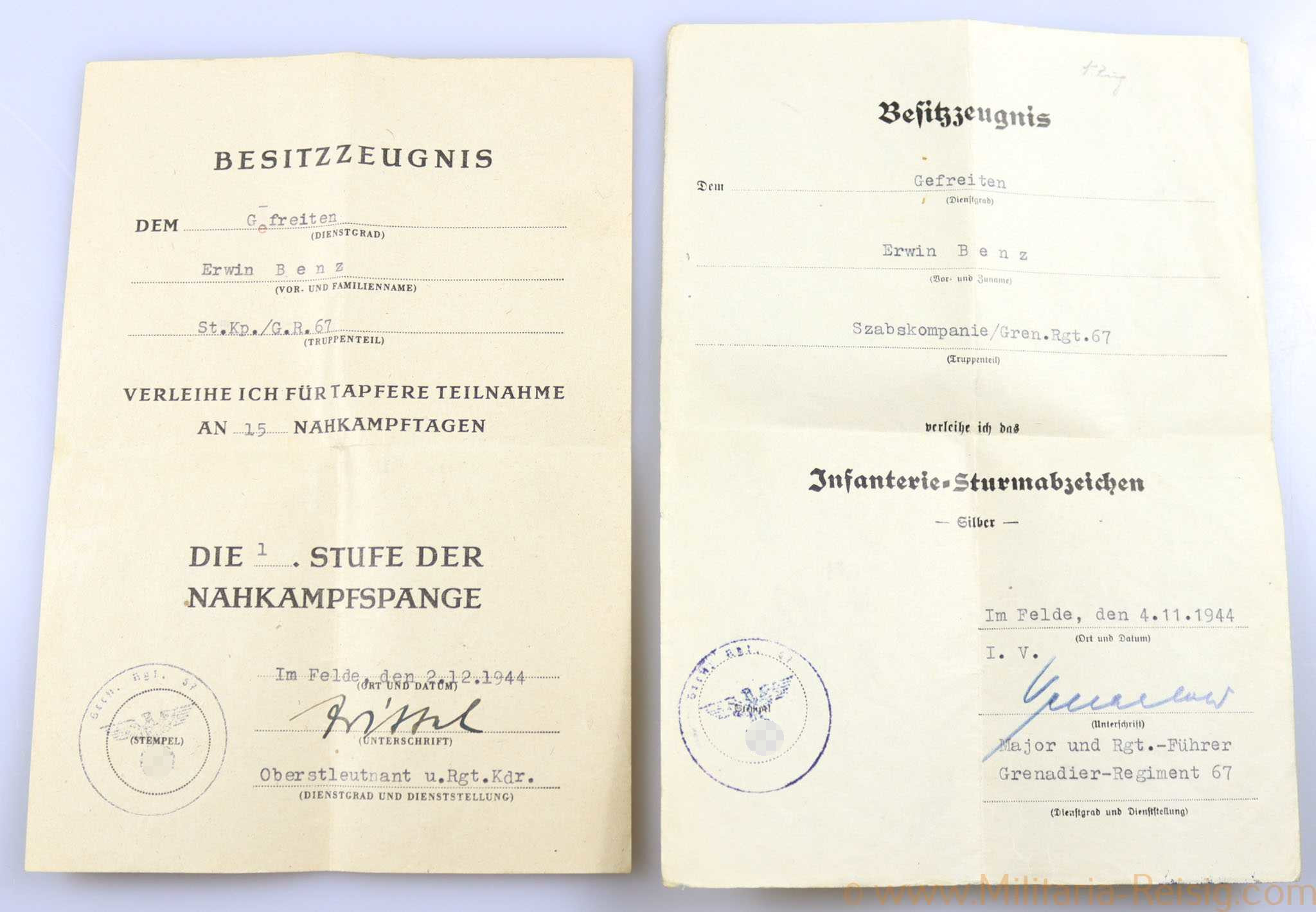 2 Urkunden Grenadier-Regiment 67 (NKS in Bronze und ISA)