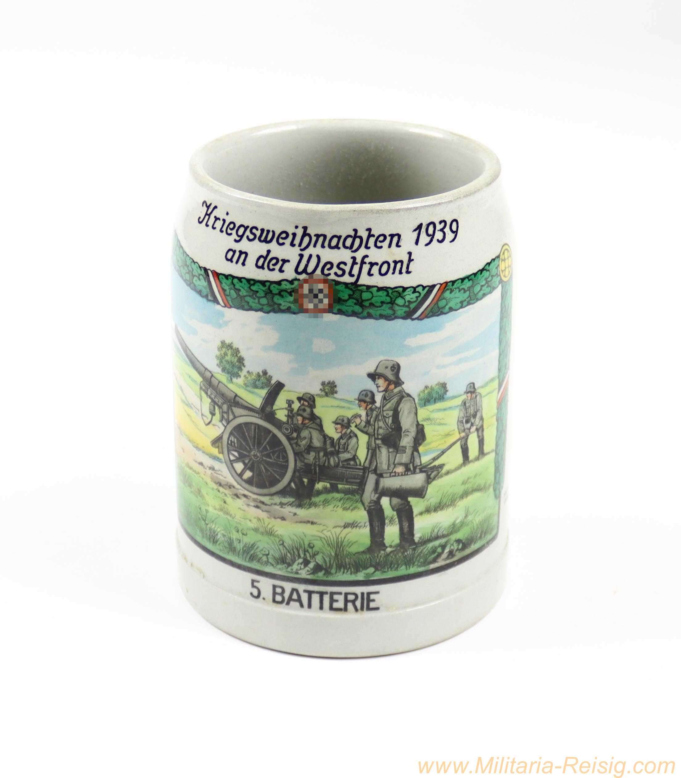 Wehrmacht Bierkrug "Kriegsweihnachten 1939 an der Westfront" – 5. Batterie – 0,5 l