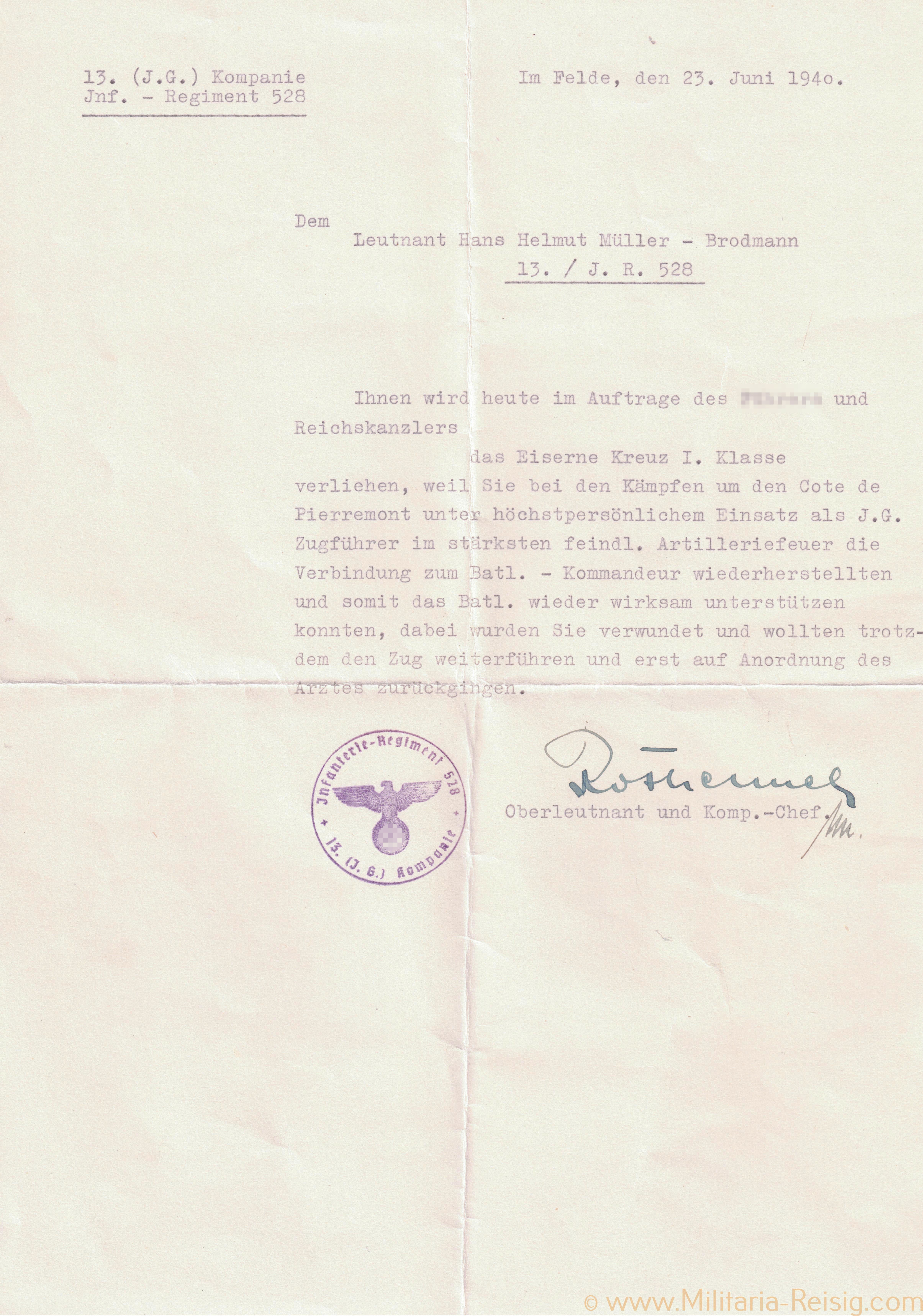 Anschreiben zur Verleihung zum Eisernen Kreuz 1. Klasse