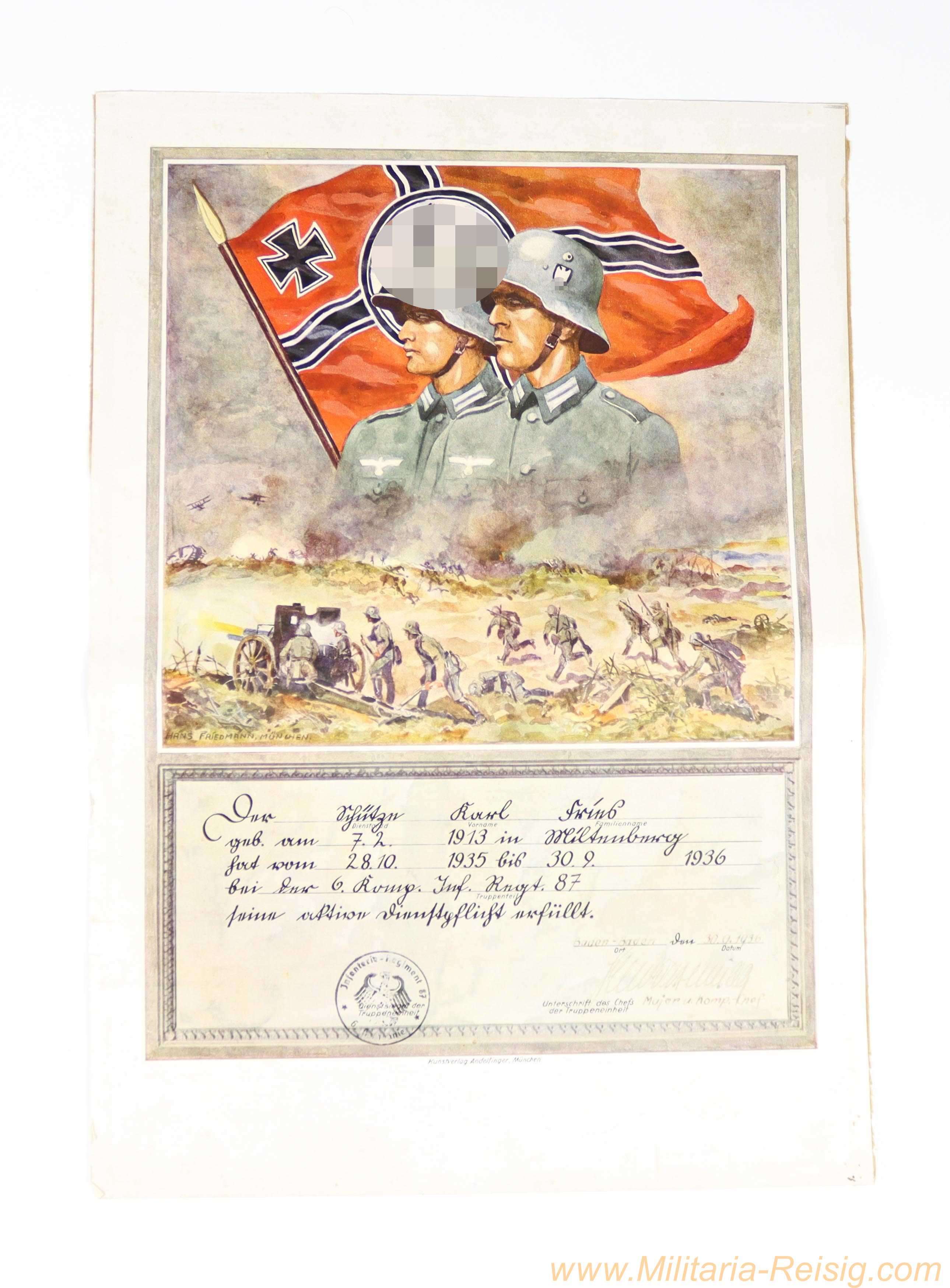 Schmuckurkunde "Erfüllte aktive Dienstpflicht" - Infanterie-Regiment 87 (1935–1936)