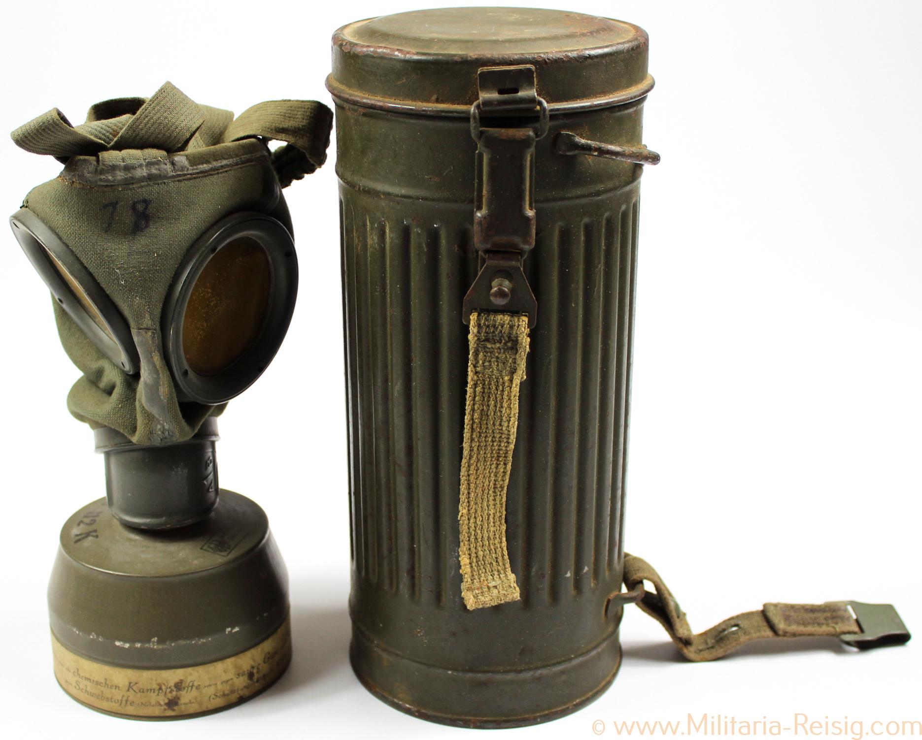 Gasmaske der Wehrmacht im Behälter, Modell GM-30 1937, Hersteller Auer