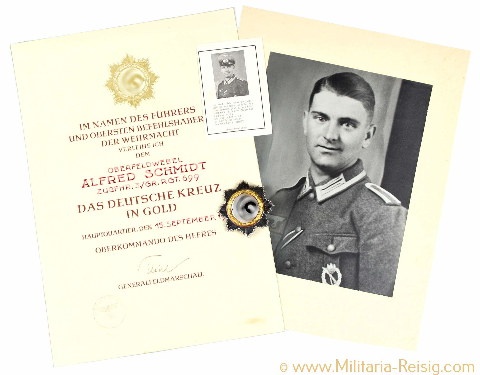 Deutsches Kreuz in Gold mit Verleihungsurkunde, Herst. 20 - Fa. Zimmermann, Pforzheim