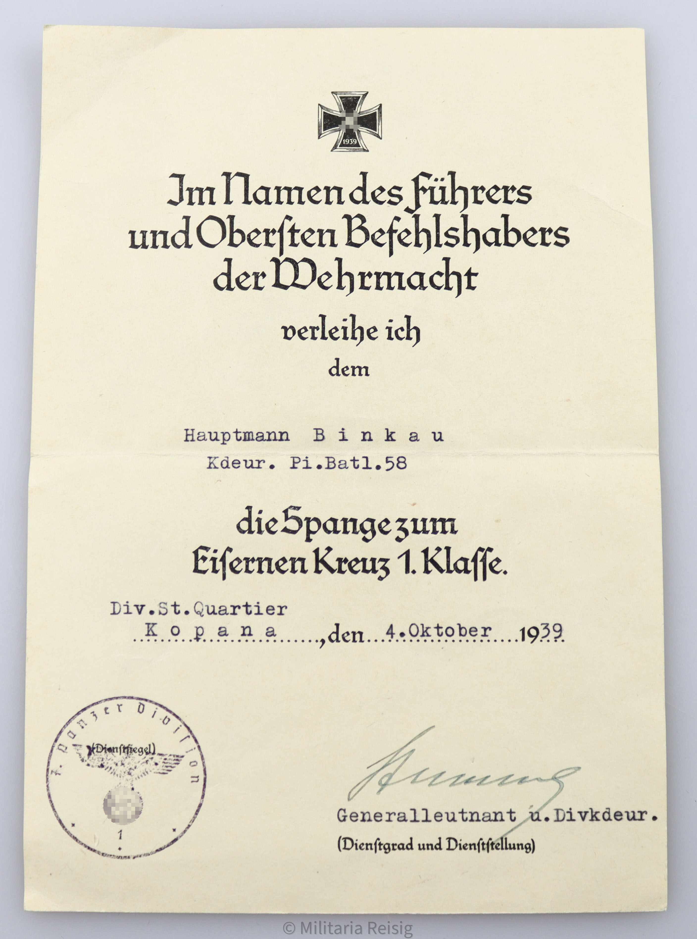 Verleihungsurkunde die Spange zum Eisernen Kreuz 1. Klasse, Hauptmann Binkau