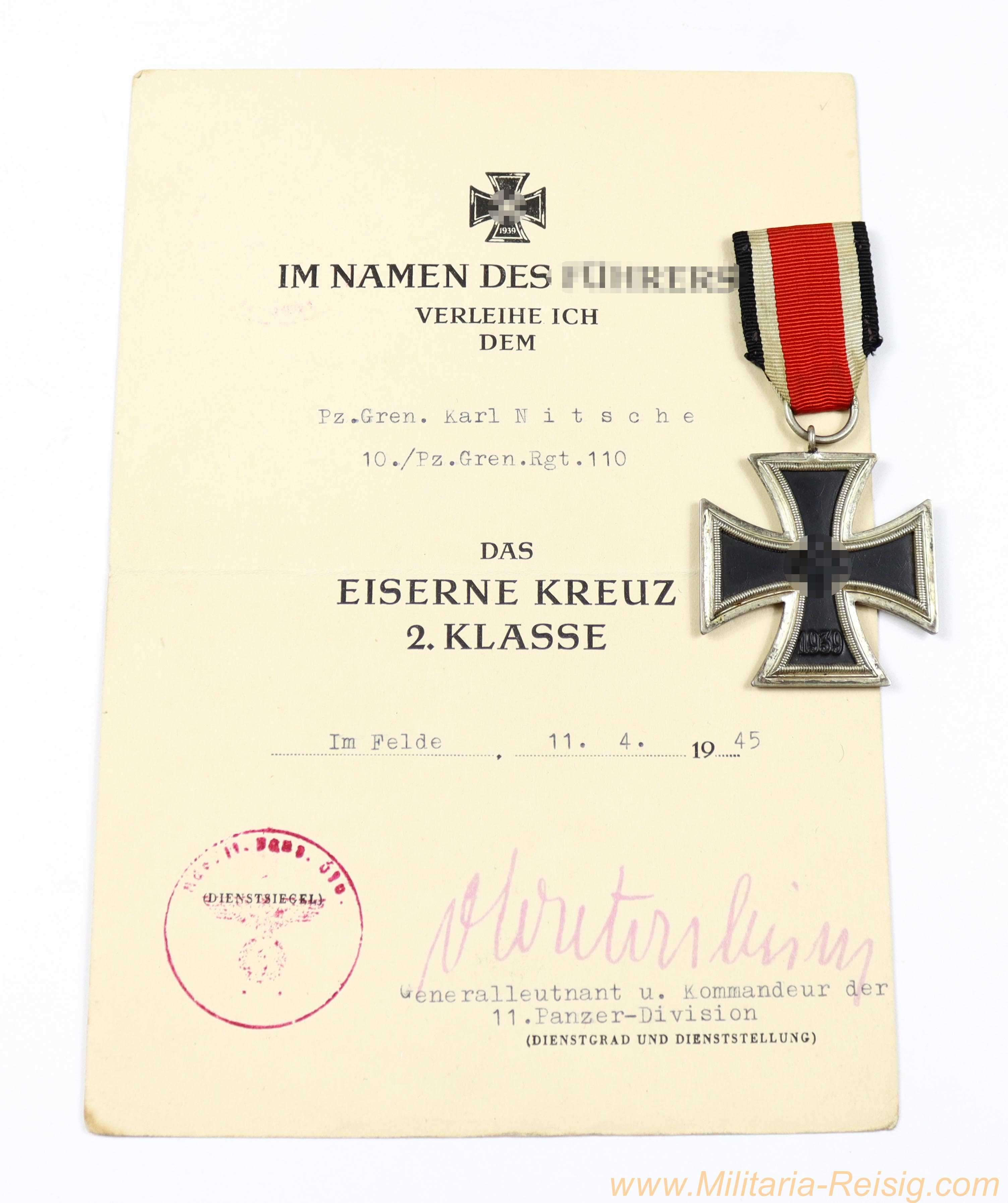 Eisernes Kreuz 2. Klasse 1939 mit Verleihungsurkunde – Karl Nitsche – 11. Panzer-Division – Hersteller 40