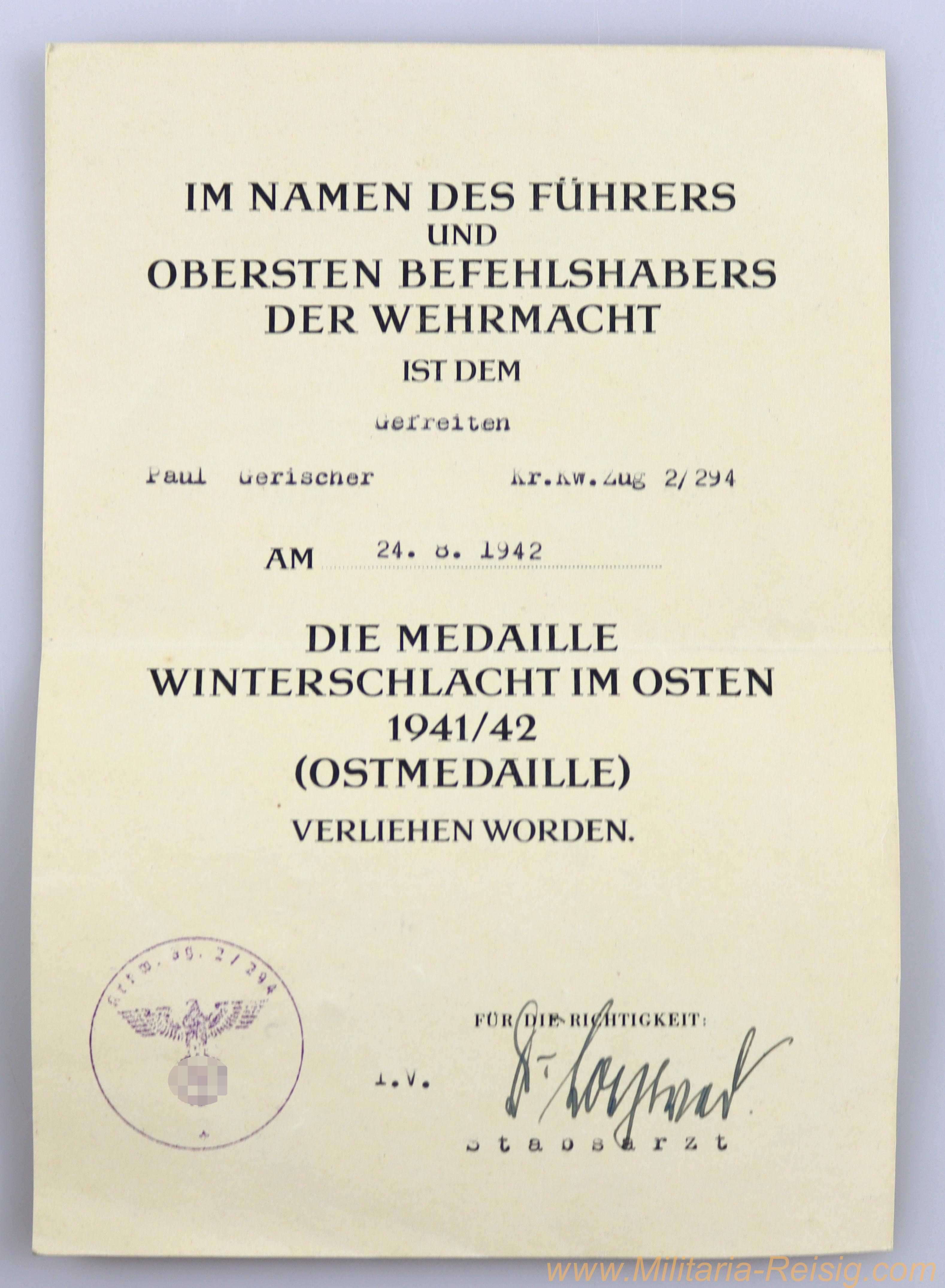 Verleihungsurkunde zur Ostmedaille