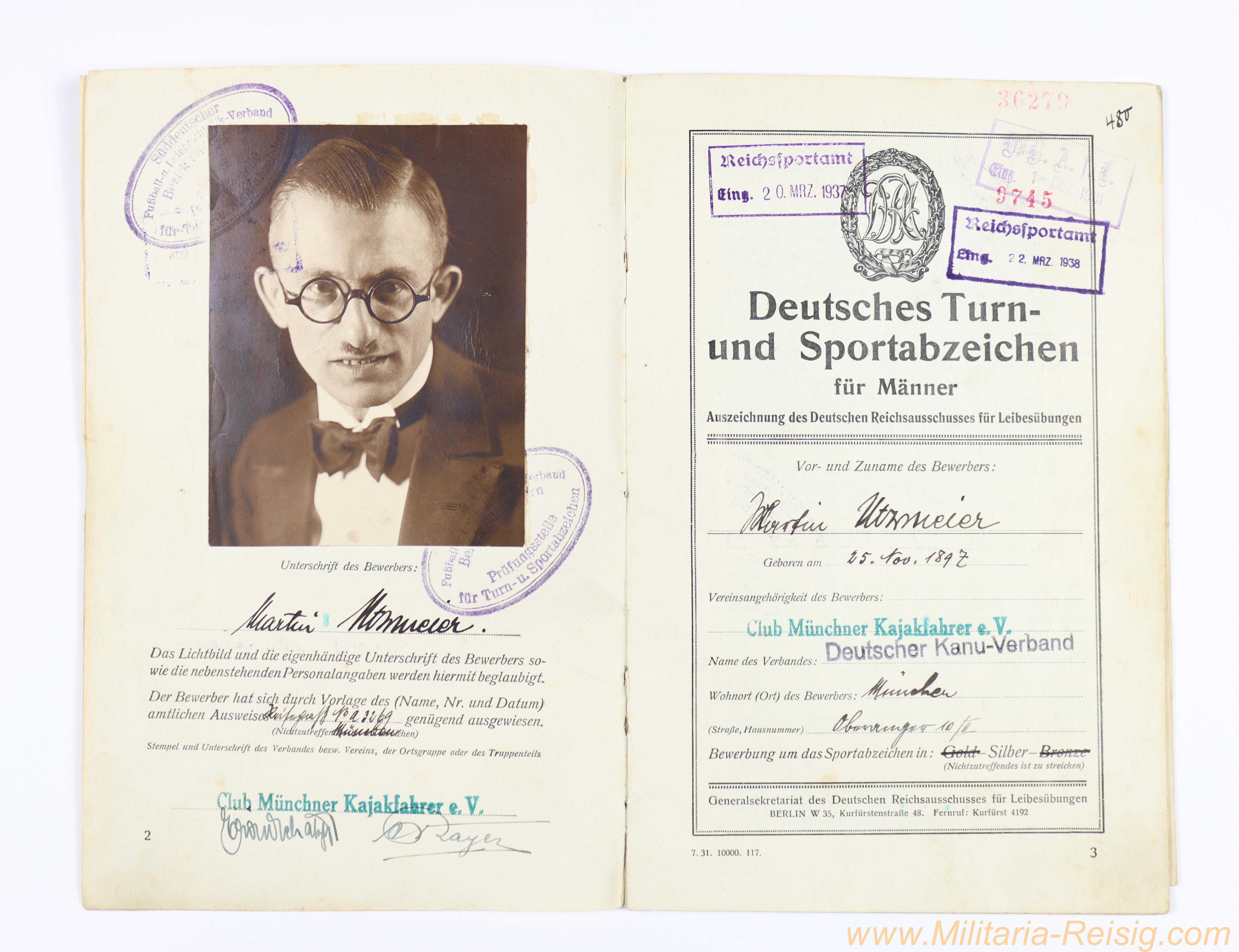 Deutsches Turn- und Sportabzeichen (DRA / DRL) - frühes Urkundenheft mit Lichtbild, Martin Altmeier München, Silber & Gold 1931–1938