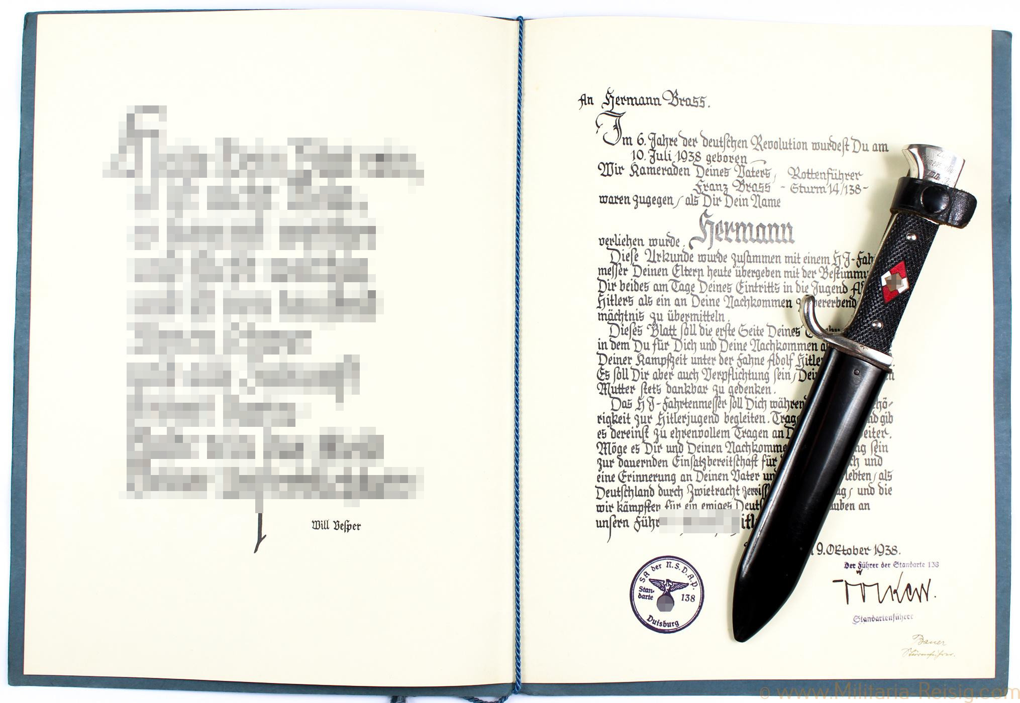 HJ Fahrtenmesser mit Urkunde zur Namensgebung - SA Standarte 138