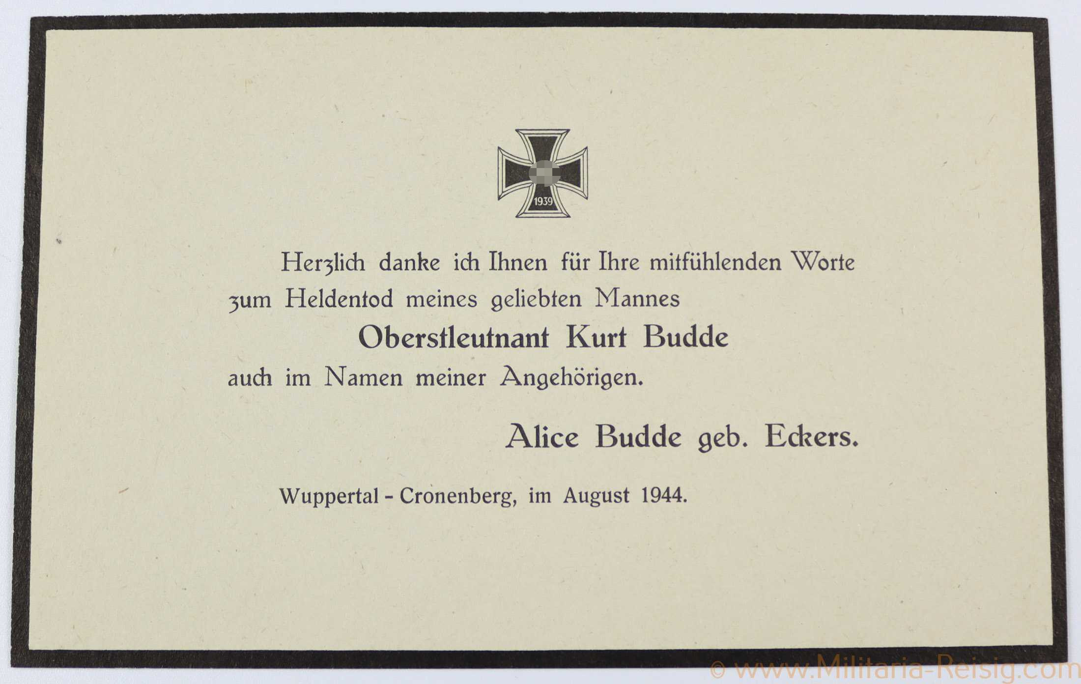 Trauerkarte des Deutschen Kreuz in Gold Trägers Oberstleutnant Kurt Budde im August 1944