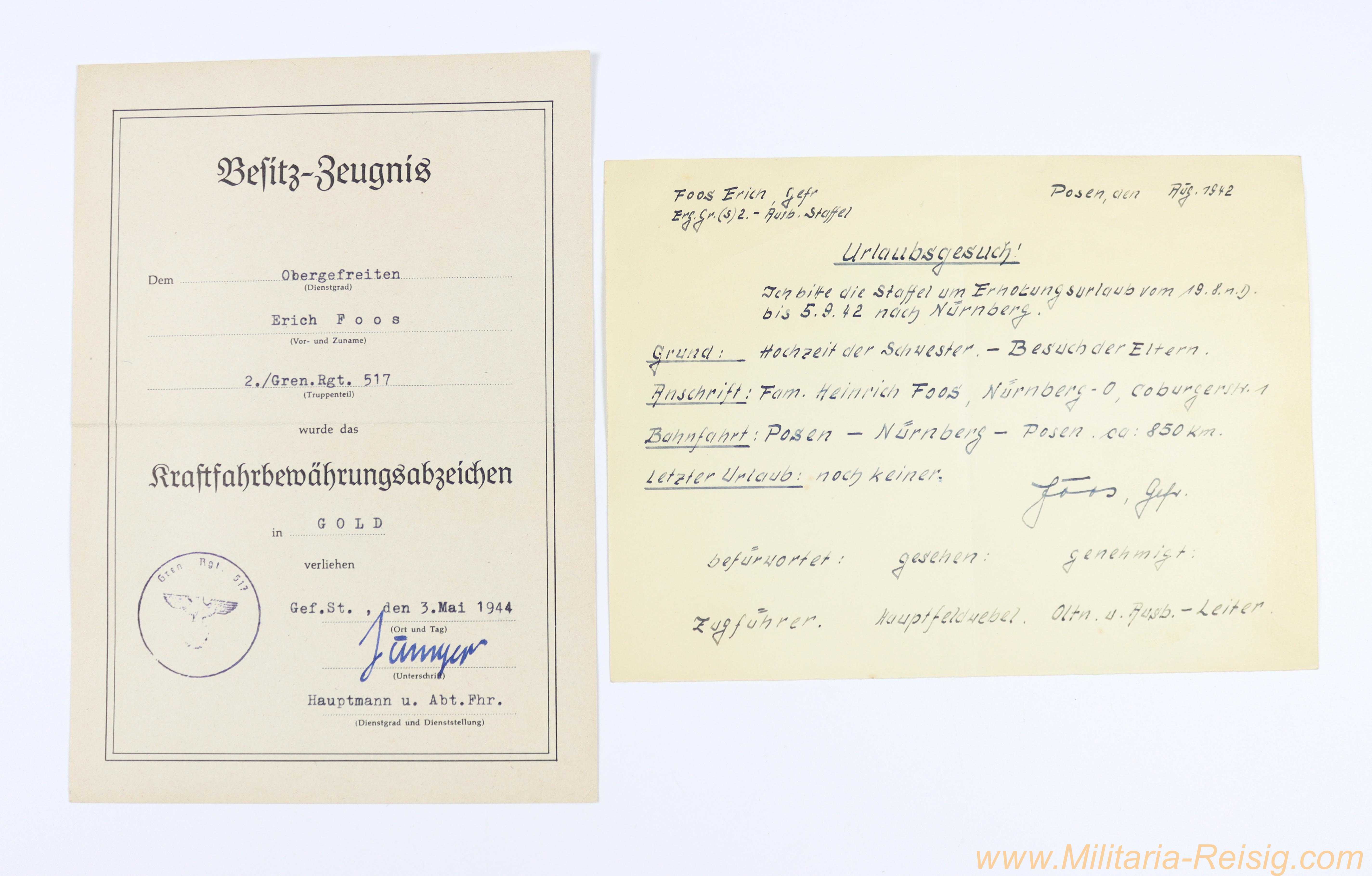 Kraftfahrbewährungsabzeichen in Gold - Besitzzeugnis Obergefreiter Erich Foos, 2./Grenadier-Regiment 517, 3.5.1944 + Urlaubsgesuch 1942