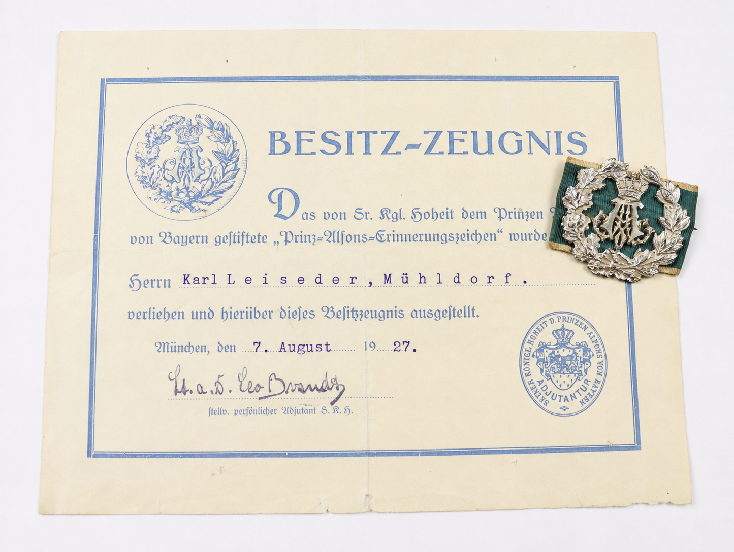 Bayern – Silbernes Prinz-Alfons-Erinnerungsabzeichen mit Besitzzeugnis