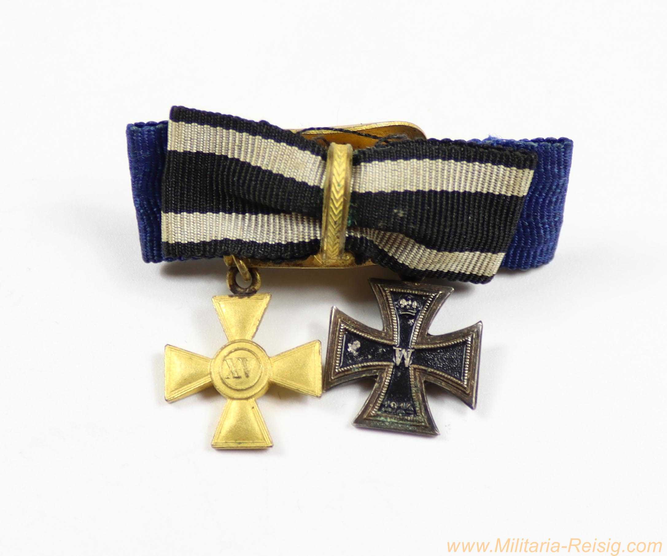 Knopfloch-Miniaturkette – Preußen Dienstauszeichnung XV und Eisernes Kreuz 2. Klasse 1914