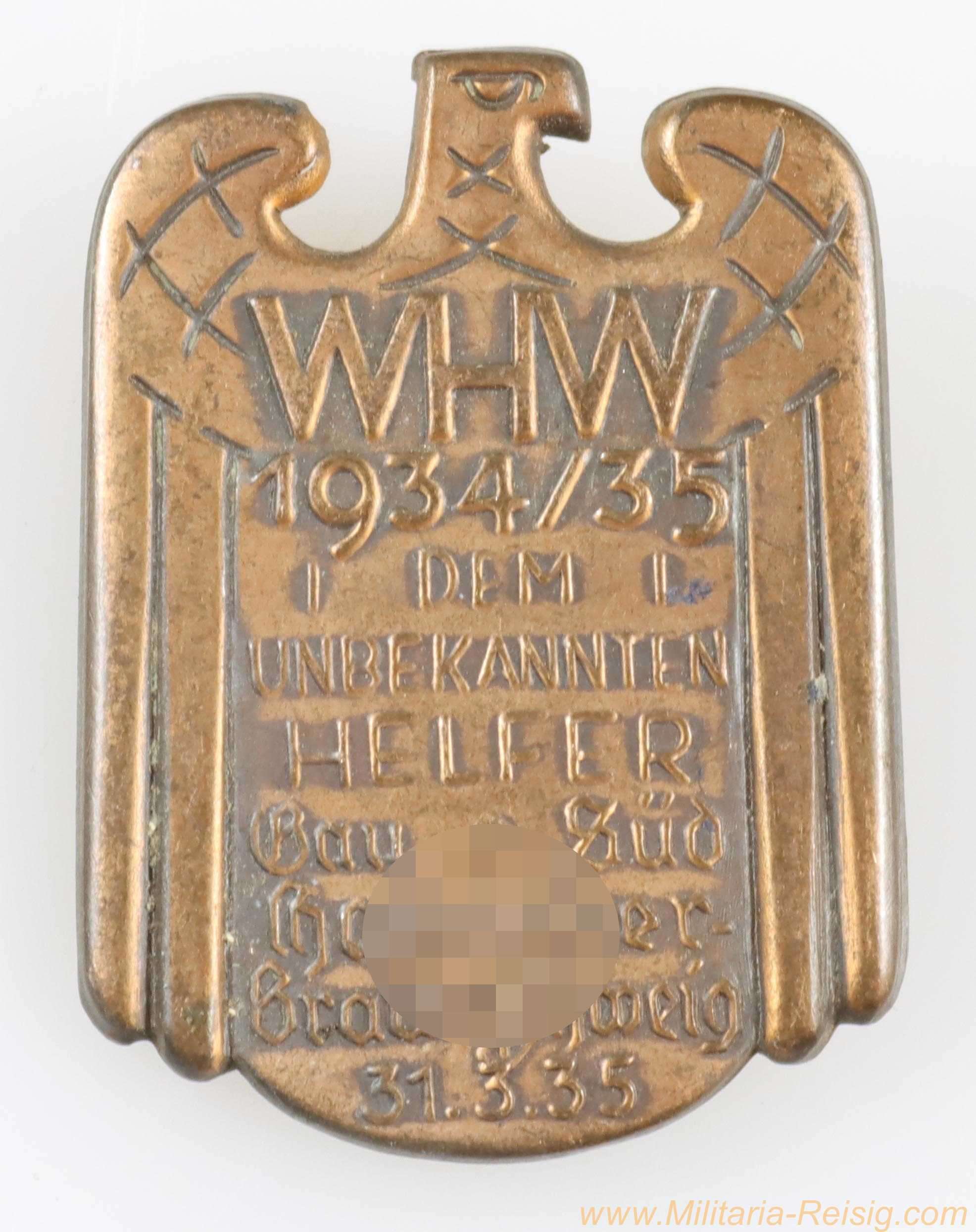 WHW Abzeichen - Dem unbekannten Helfer Gau Süd Hannover Braunschweig 1935