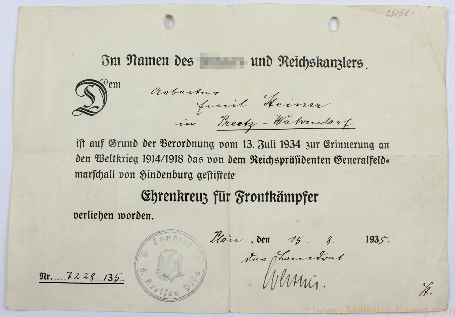 Ehrenkreuz für Frontkämpfer Verleihungsurkunde