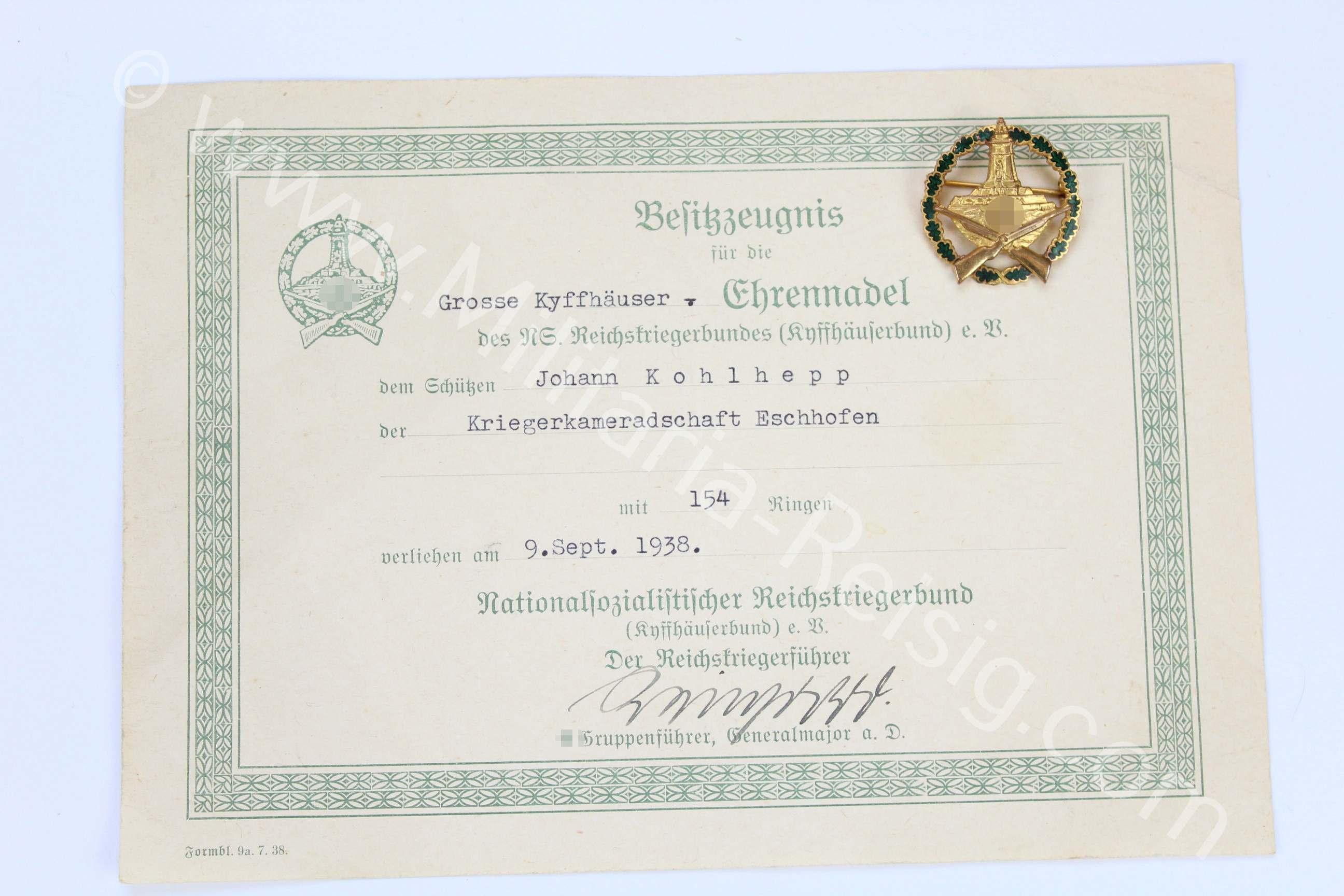 Deutscher Reichskriegerbund Kyffhäuser Urkunde