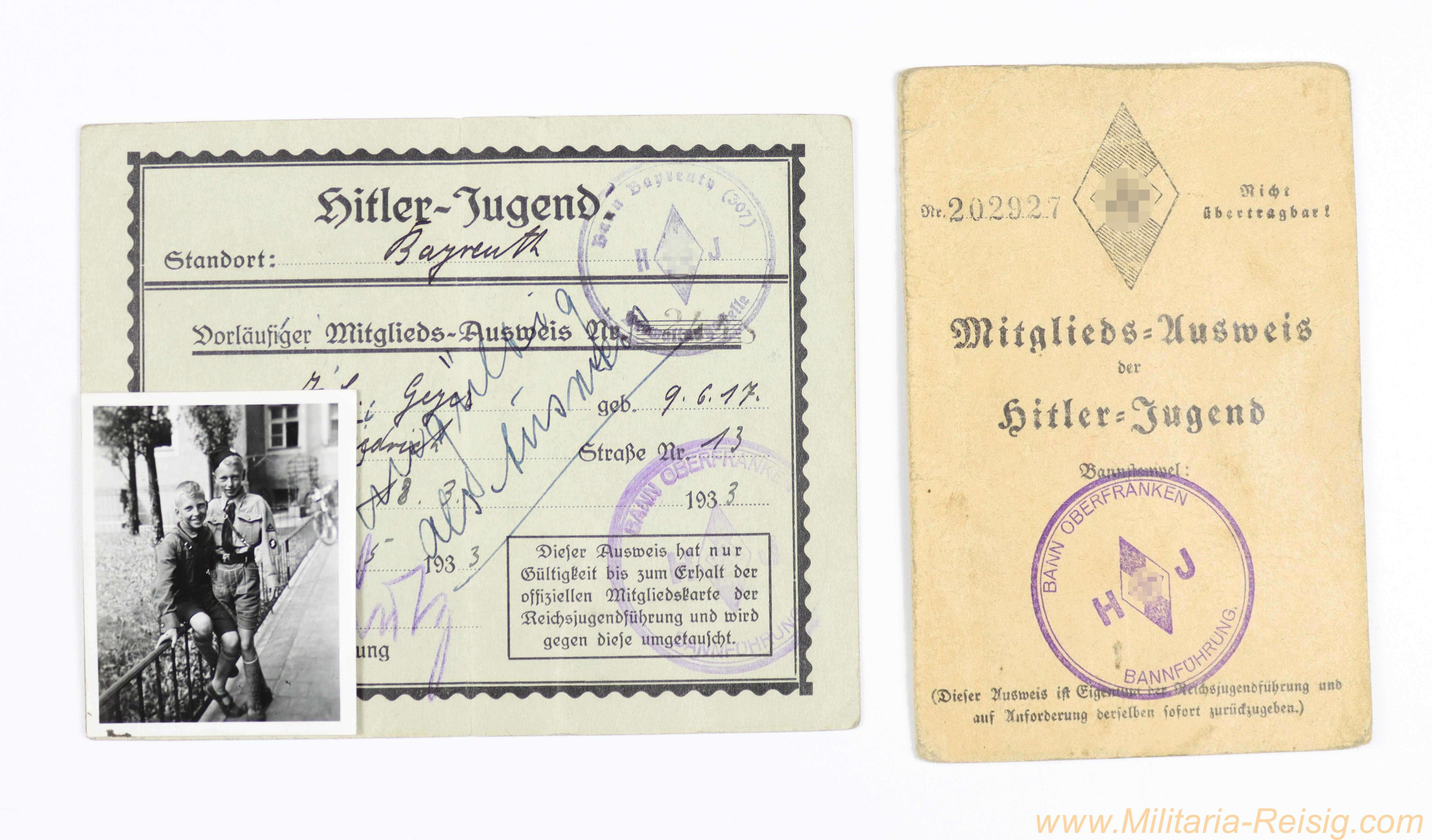 HJ Mitgliedsausweis mit vorläufigem Ausweis - Bayreuth 1933-1936