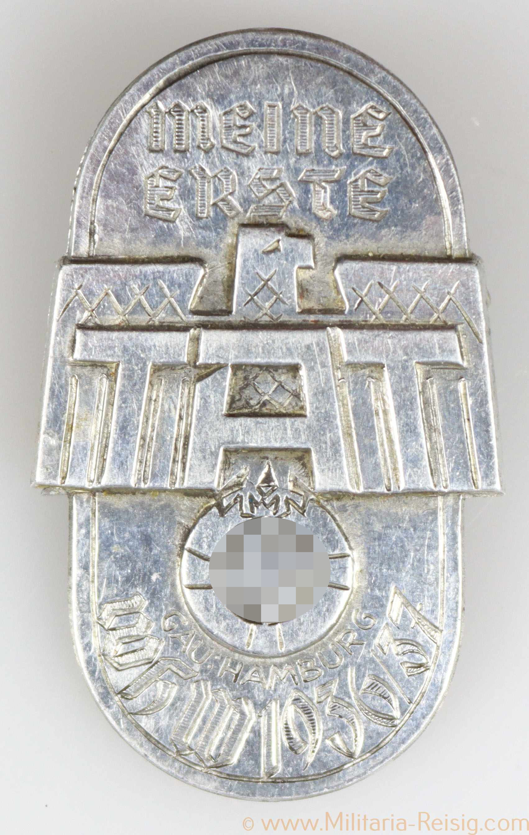 Abzeichen "Meine erste Tat " WHW 1936/37 Gau Hamburg", Hersteller Carl Wild, Hamburg