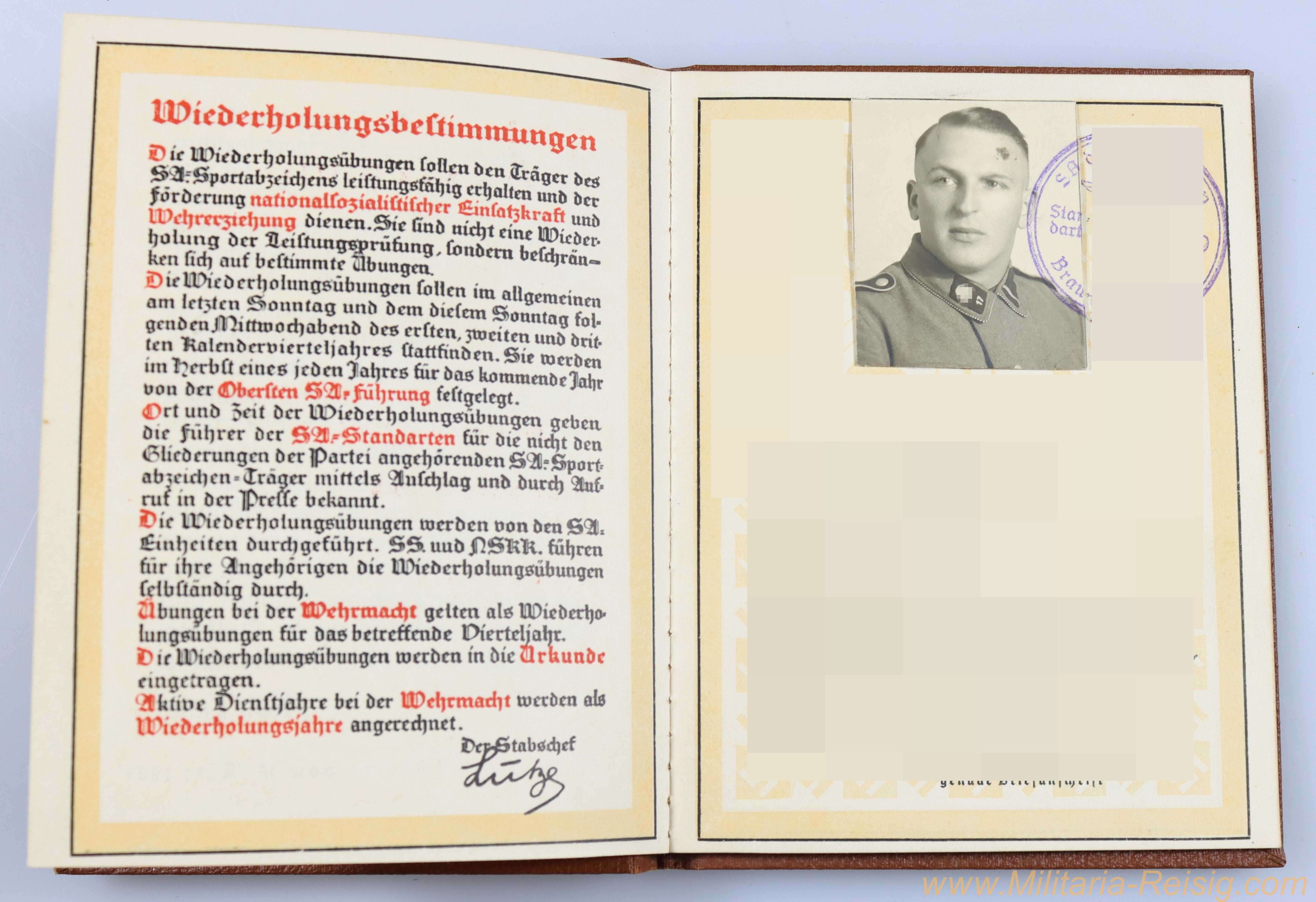 SA Sportabzeichen Urkundenbuch für einen SS-Sturmmann  SS Totenkopf 17. Hundertschaft