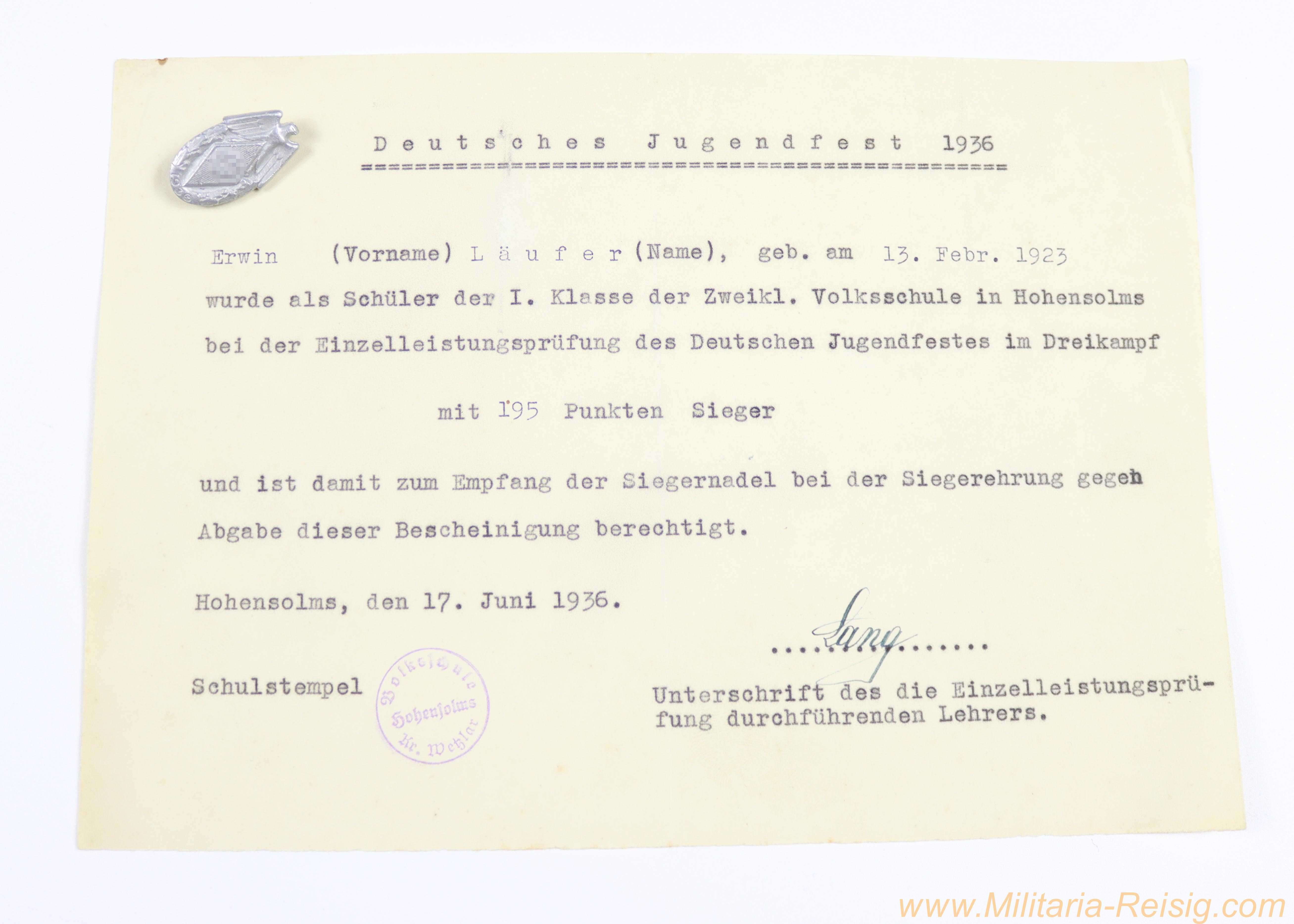 Deutsches Jugendfest 1936 - Siegernadel mit Urkunde - Hohensolms