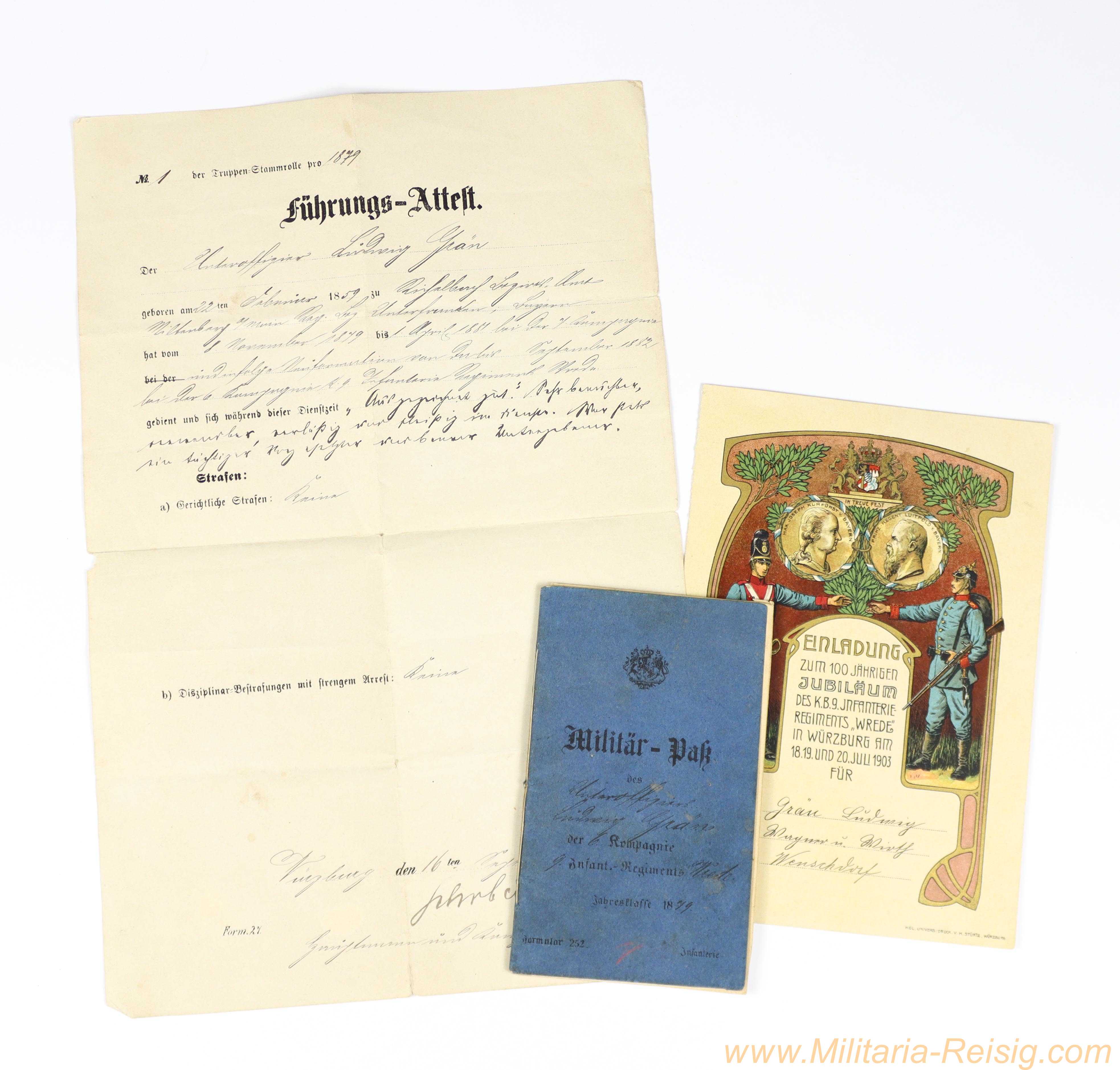 Kleiner Dokumentennachlass - Militär-Paß (Jahresklasse 1879) + Führungs-Attest + Einladung 1903 (Inf.-Rgt. "Wrede")