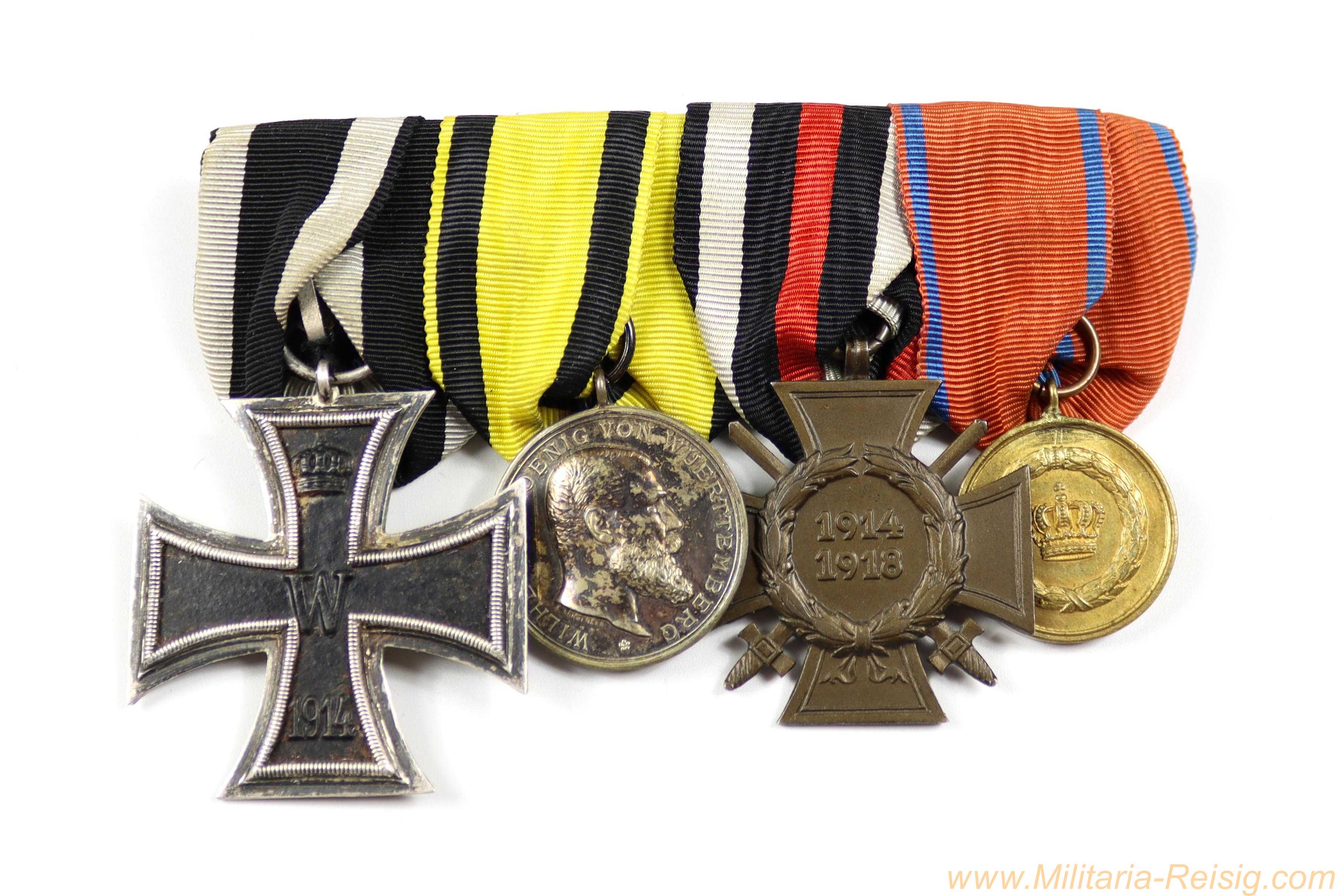 4er Ordensspange WK1 – EK2 1914 / Württemberg / Frontkämpfer-Ehrenkreuz / Landwehr-Dienstauszeichnung