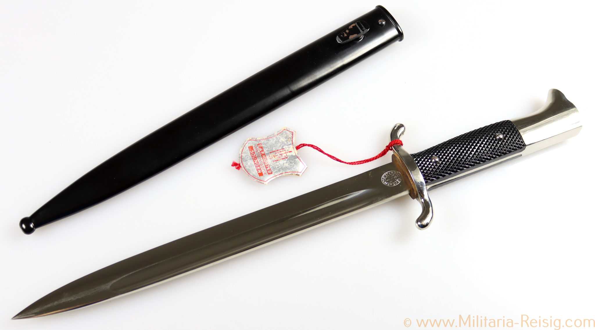 3. Reich Feuerwehr Faschinenmesser mit Herstelleretikett, Hersteller E. & F. Hörster, Solingen