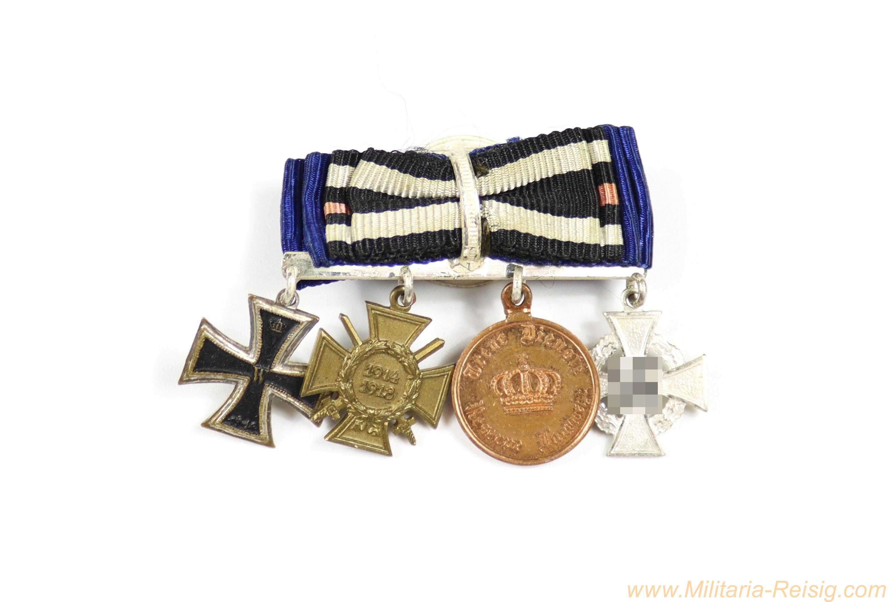 Knopfloch Miniaturkette - Eisernes Kreuz 2. Klasse 1914, Frontkämpferkreuz, Preußen Landwehr-Dienstauszeichnung II. Klasse 1913, Treudienst-Ehrenzeichen 25 Jahre