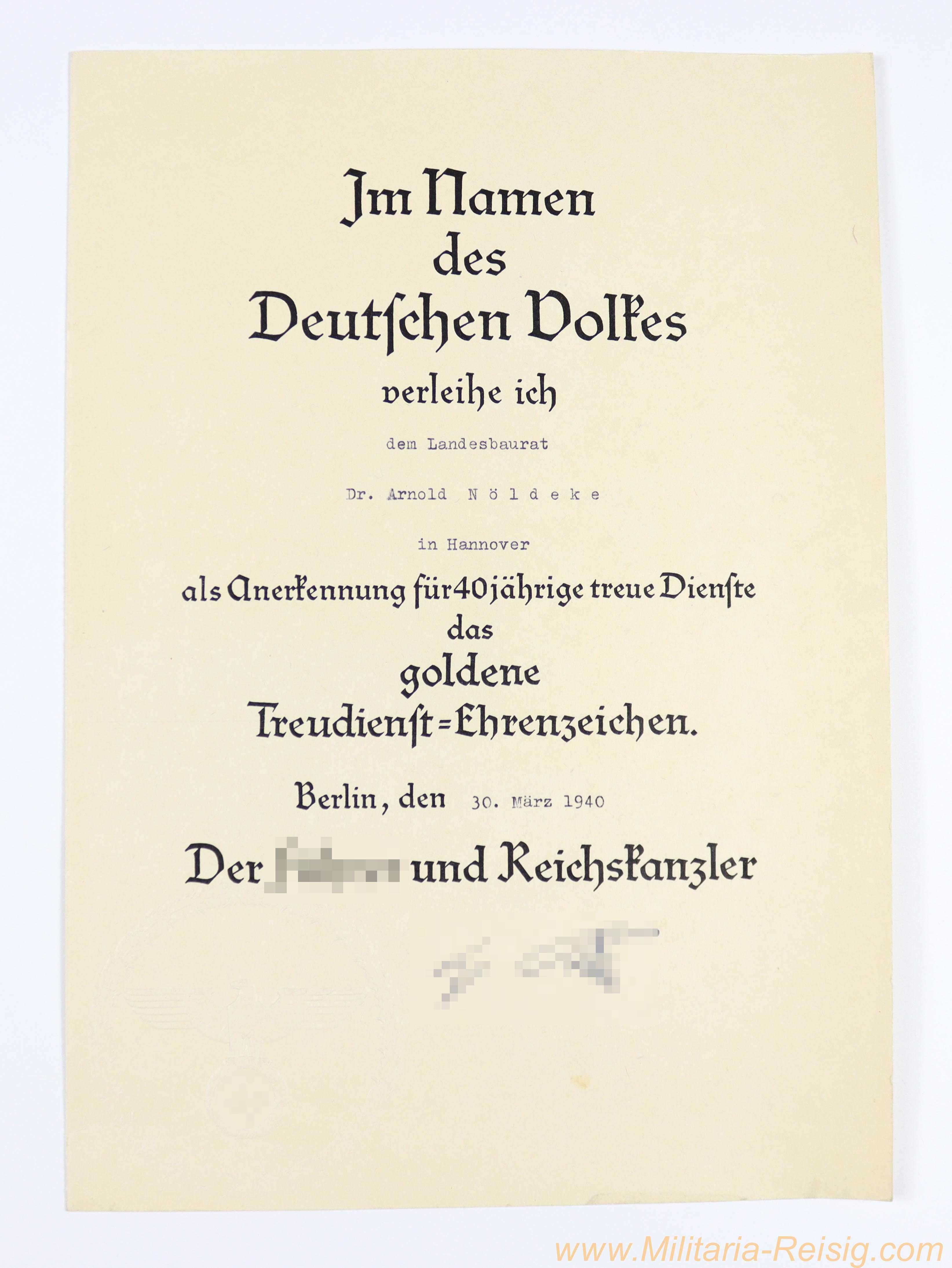 Urkunde zum goldenen Treuedienst-Ehrenzeichen 40 Jahre - Dr. Arnold Nöldeke, Hannover, 30. März 1940