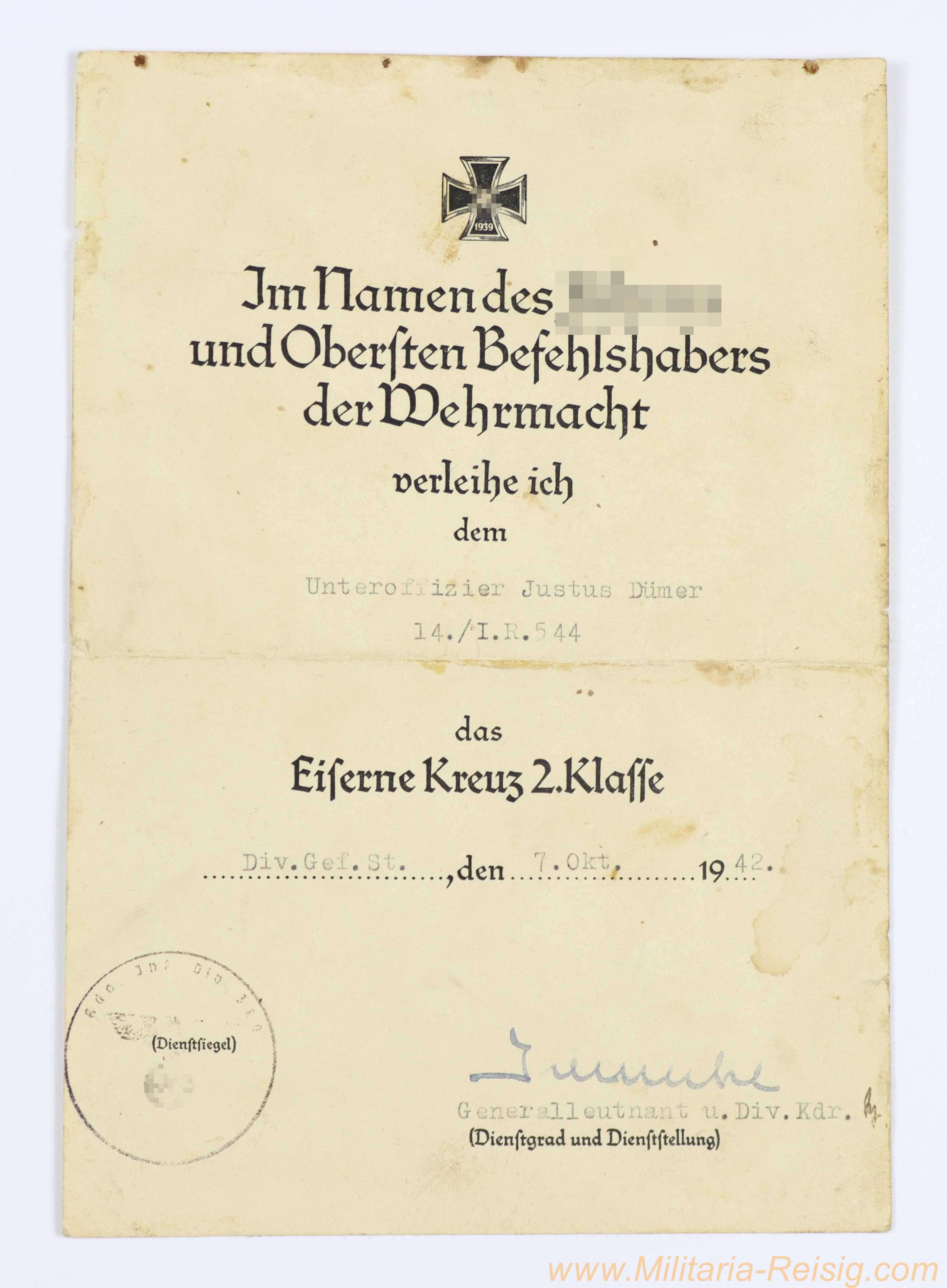 Verleihungsurkunde Eisernes Kreuz 2. Klasse - 7. Oktober 1942