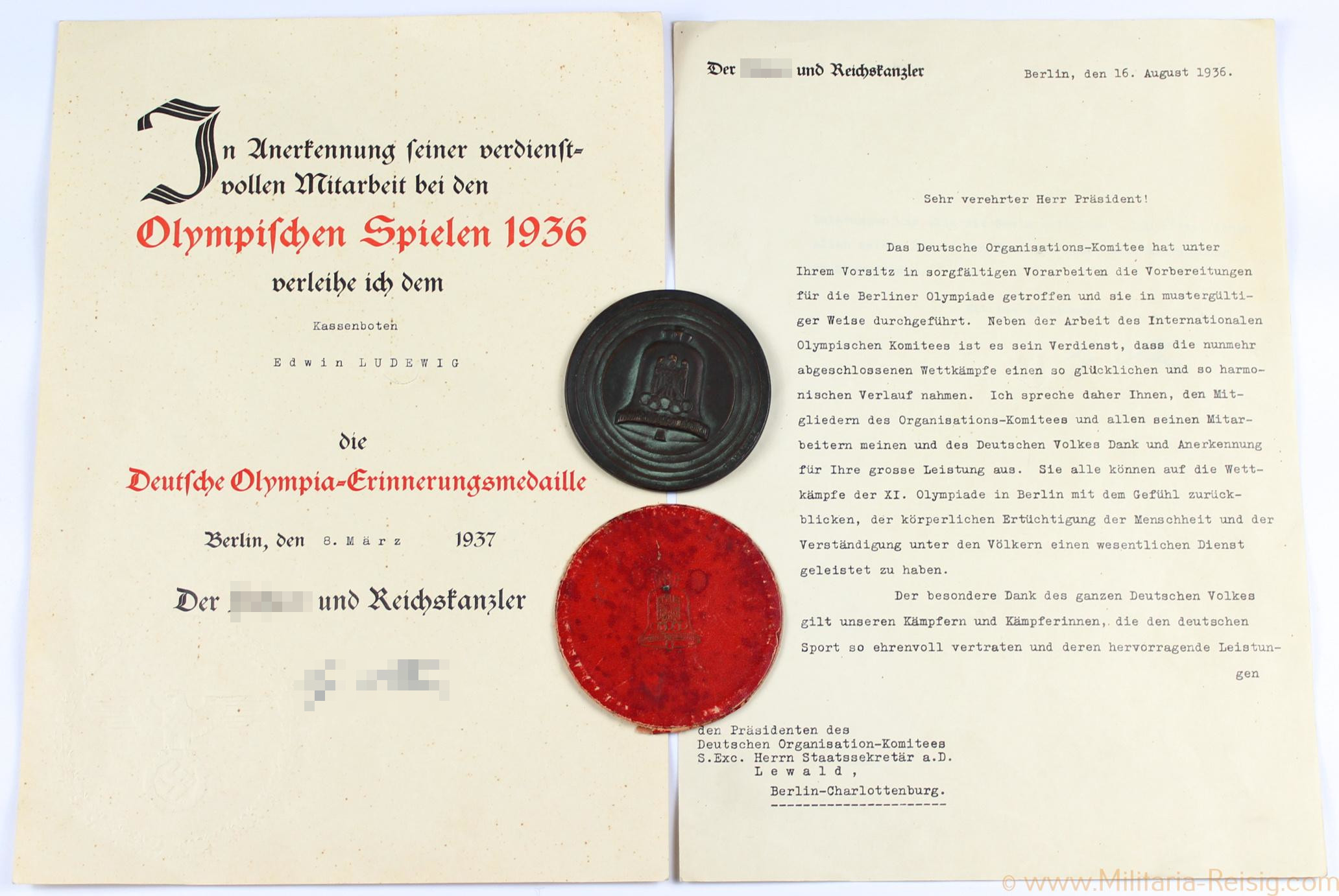 Erinnerungsmedaille der Olympiade 1936, Verleihungsurkunde und Anerkennungsschreiben