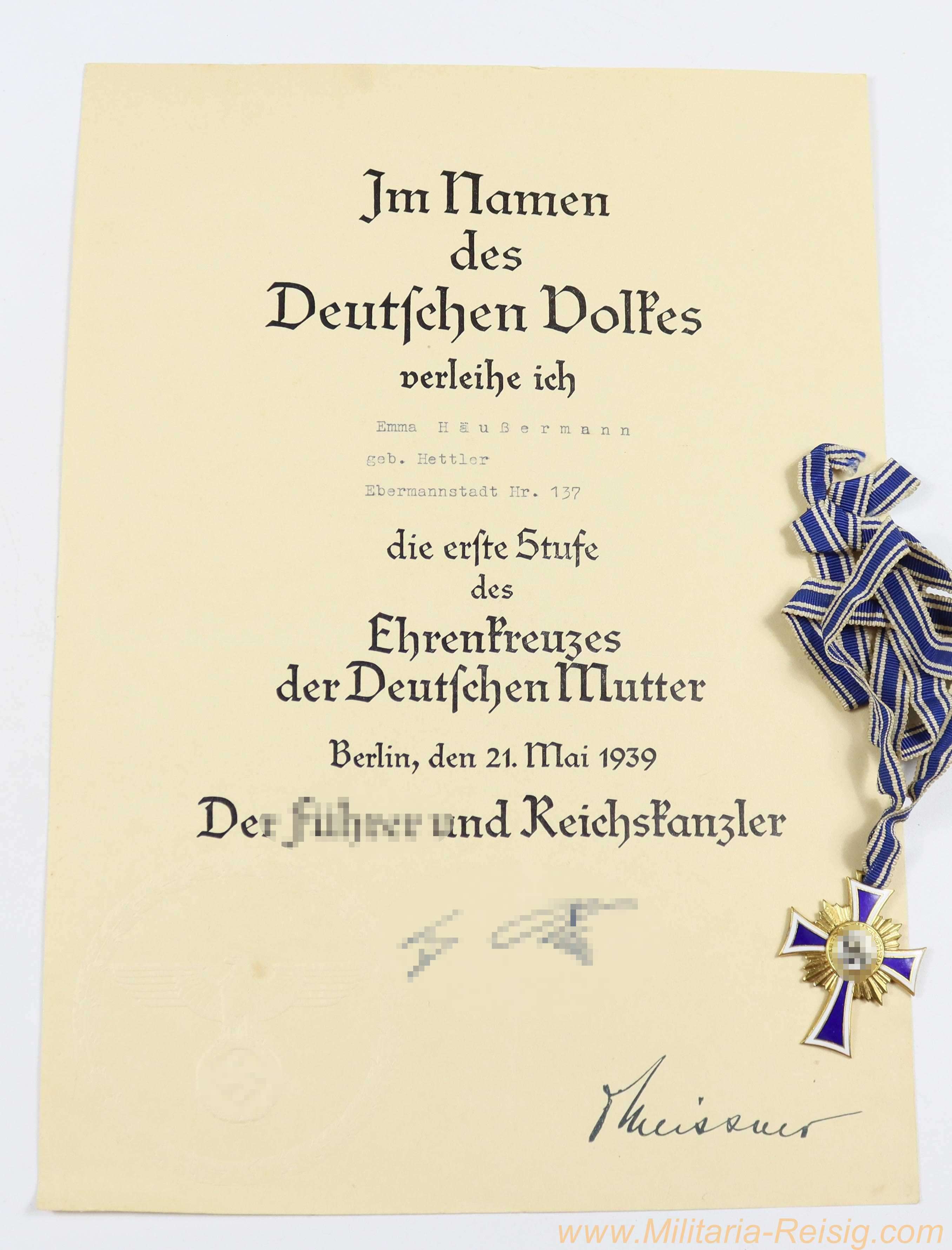 Mutterkreuz in Gold am Band mit Verleihungsurkunde vom 21. Mai 1939