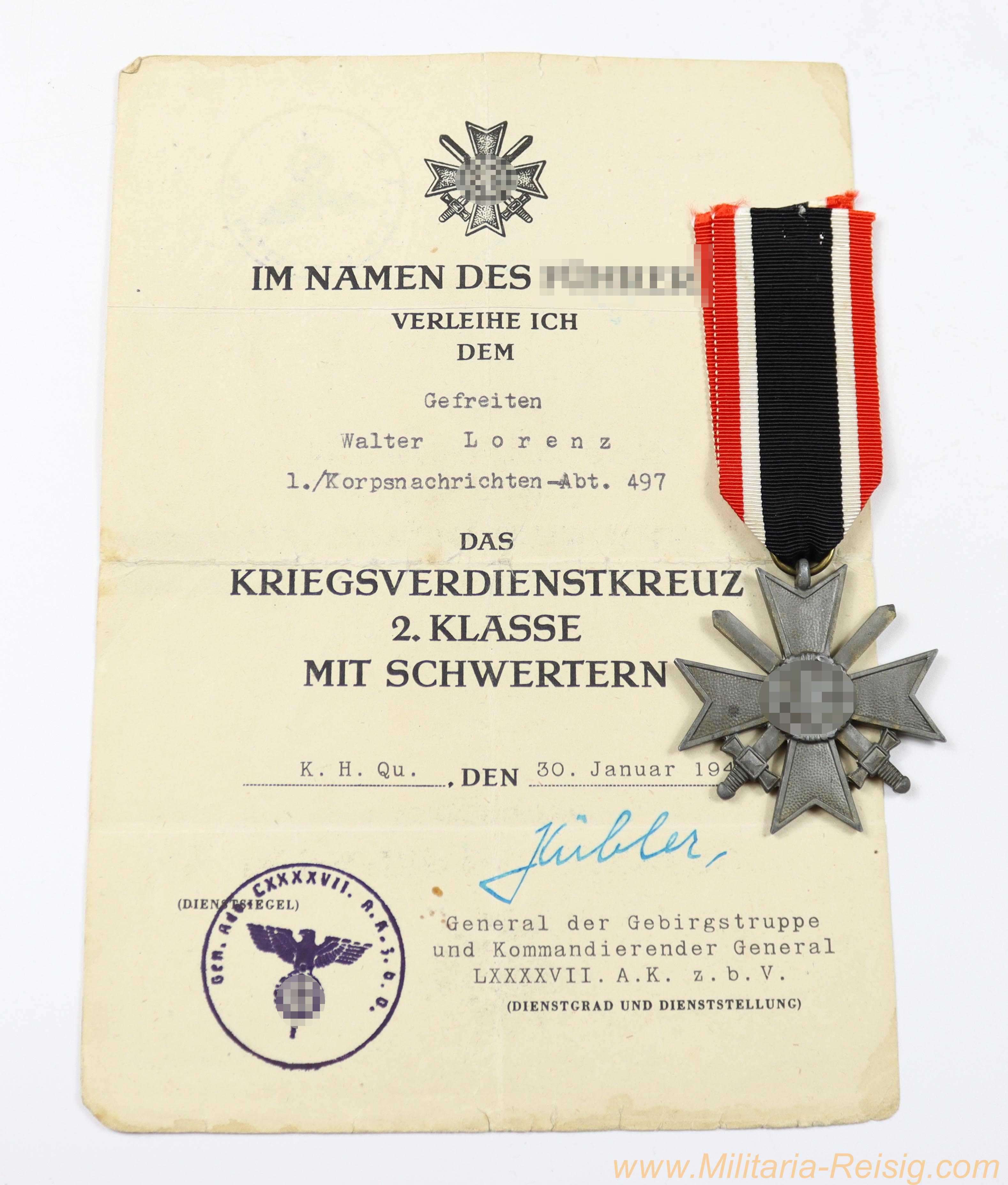 Kriegsverdienstkreuz 2. Klasse mit Schwertern und Verleihungsurkunde – Walter Lorenz – 1945