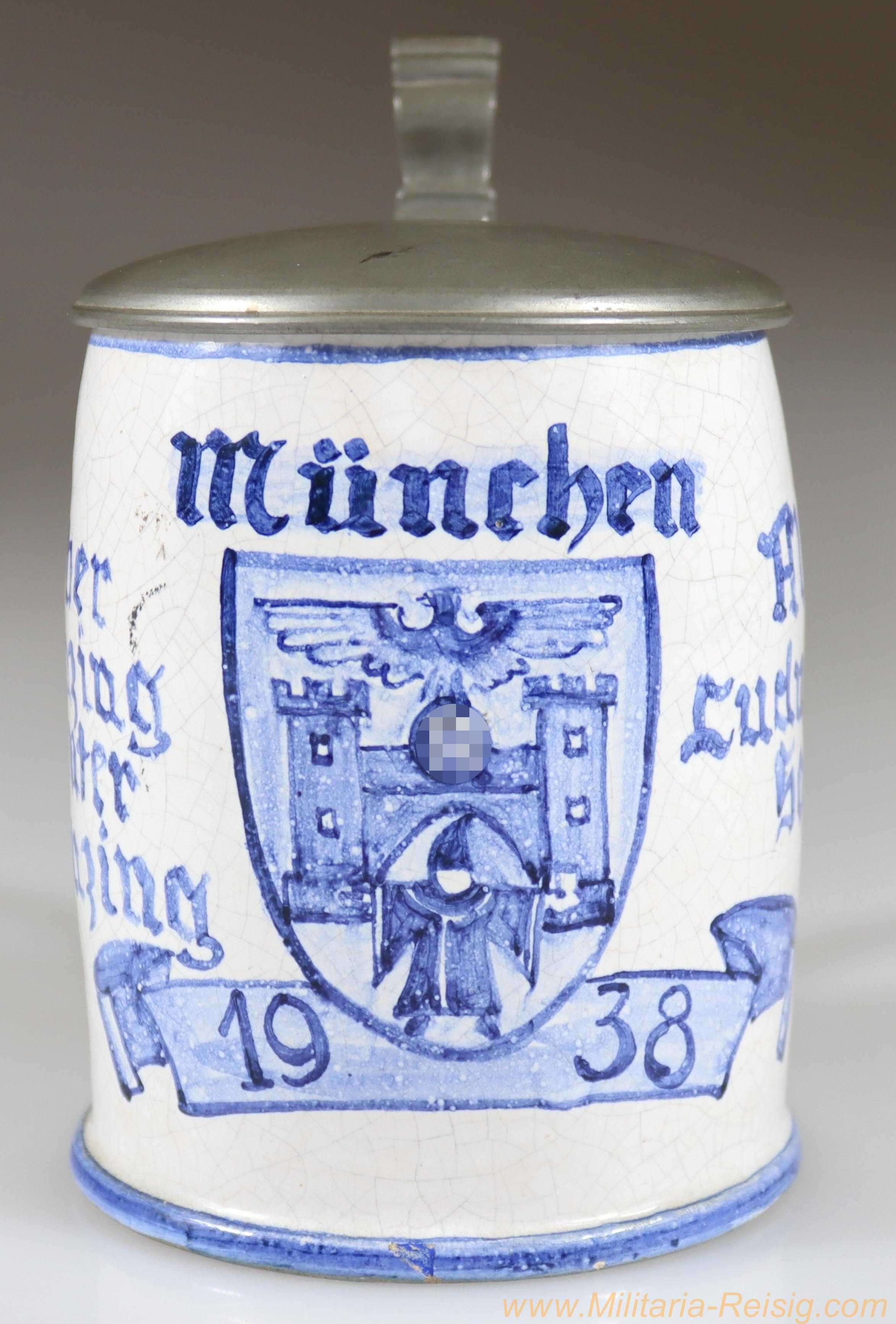 Erinnerungs-Bierkrug 1938 – Eingemeindung Allach-Untermenzing nach München – mit Zinndeckel L. Mory