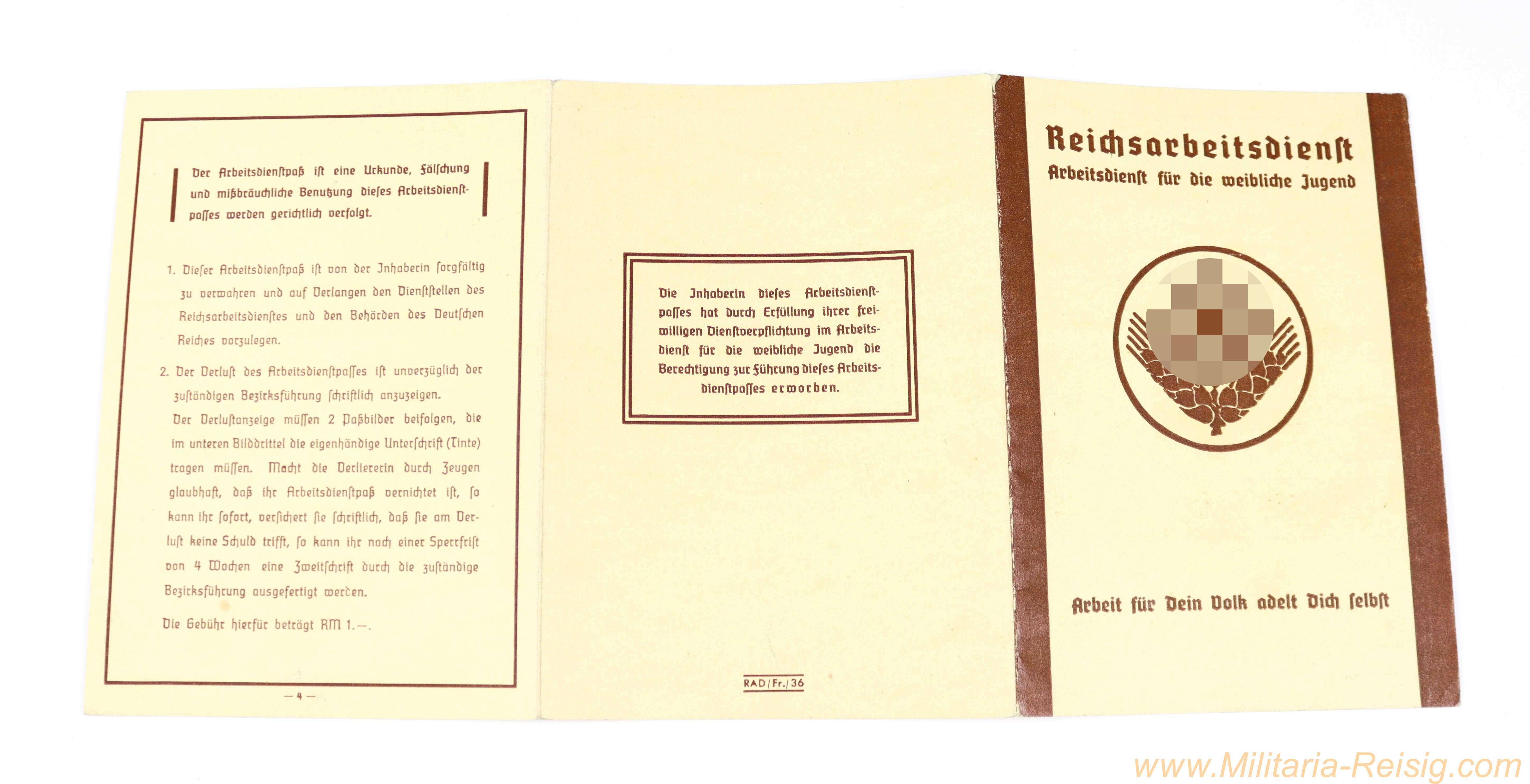 Reichsarbeitsdienst – Arbeitsdienstpass für die weibliche Jugend, Nr. 3070, mit Foto (1936)