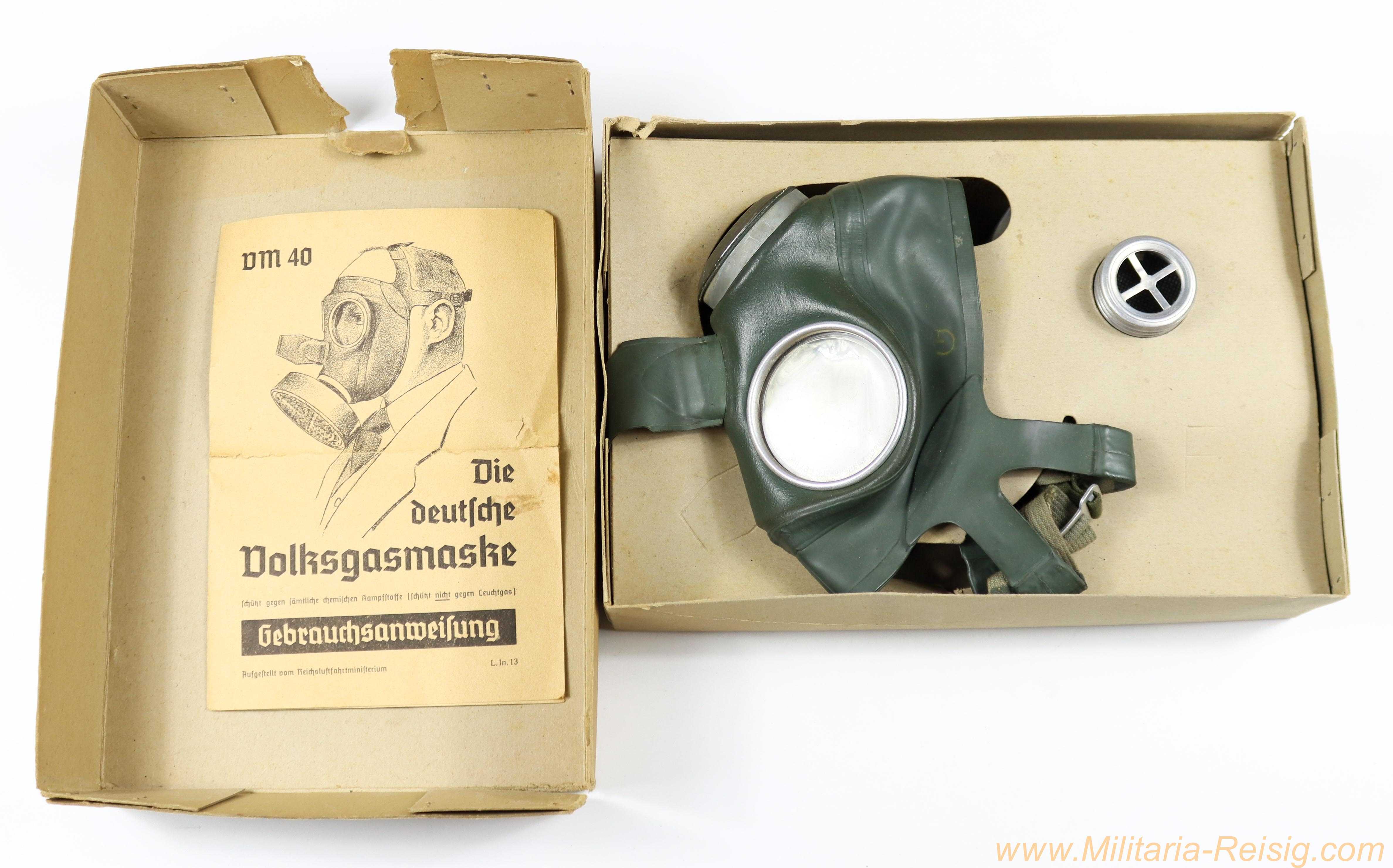 Deutsche Volksgasmaske VM 40 im Karton mit Gebrauchsanweisung