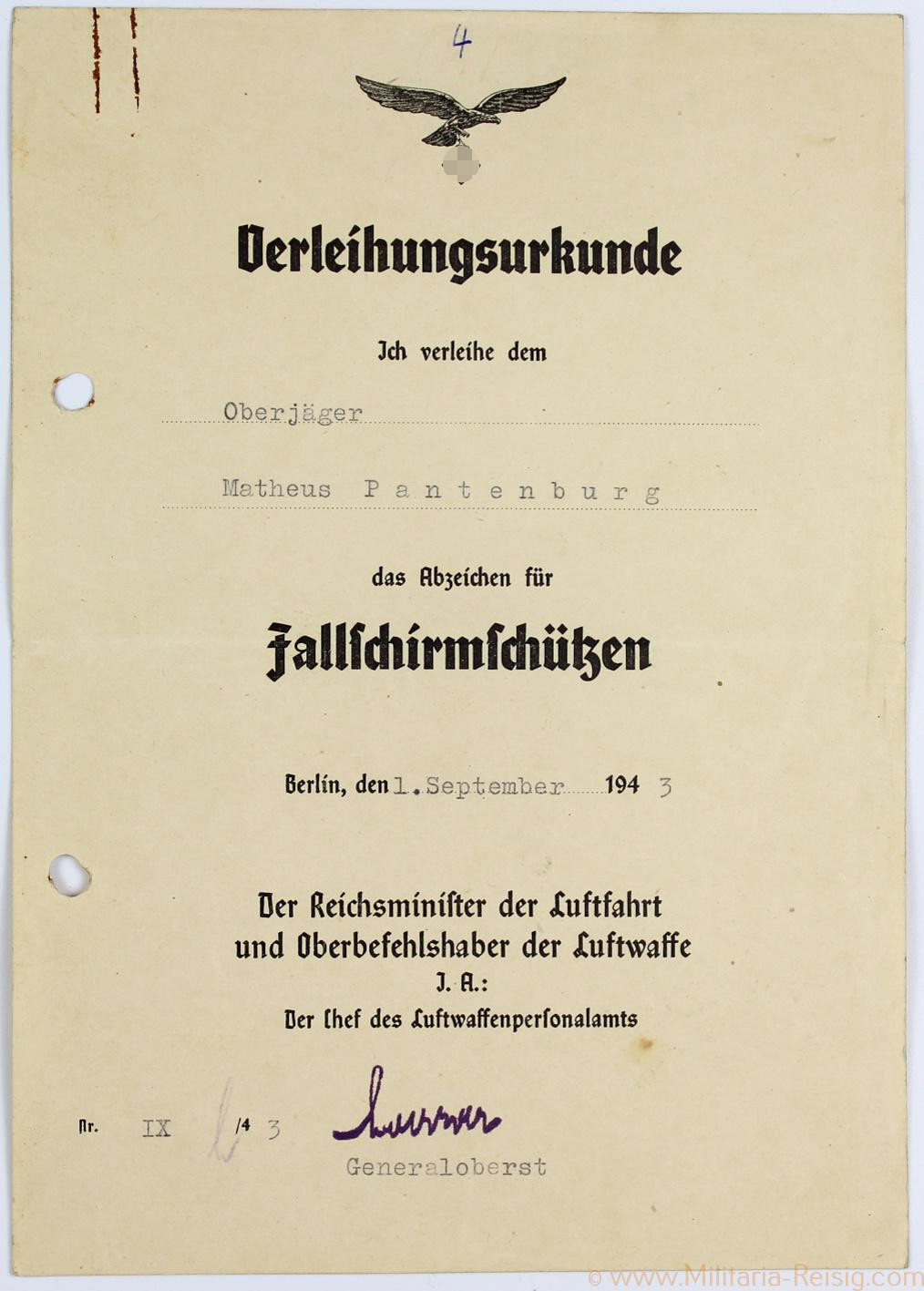 Verleihungsurkunde für das Abzeichen für Fallschirmschützen