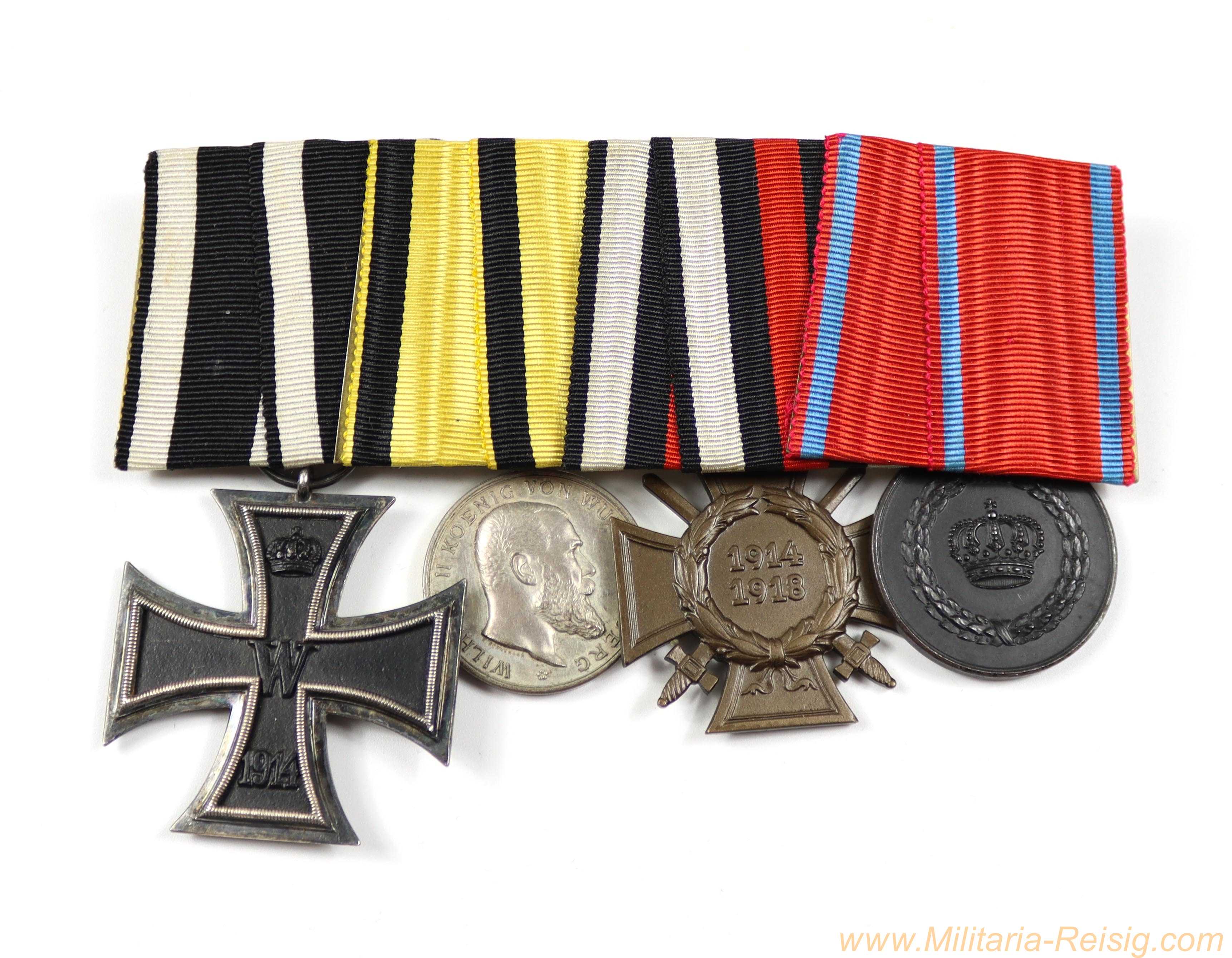 4er Ordensspange WK1 – EK2 1914 / Silberne Militärverdienstmedaille / Frontkämpfer-Ehrenkreuz / Dienstauszeichnung