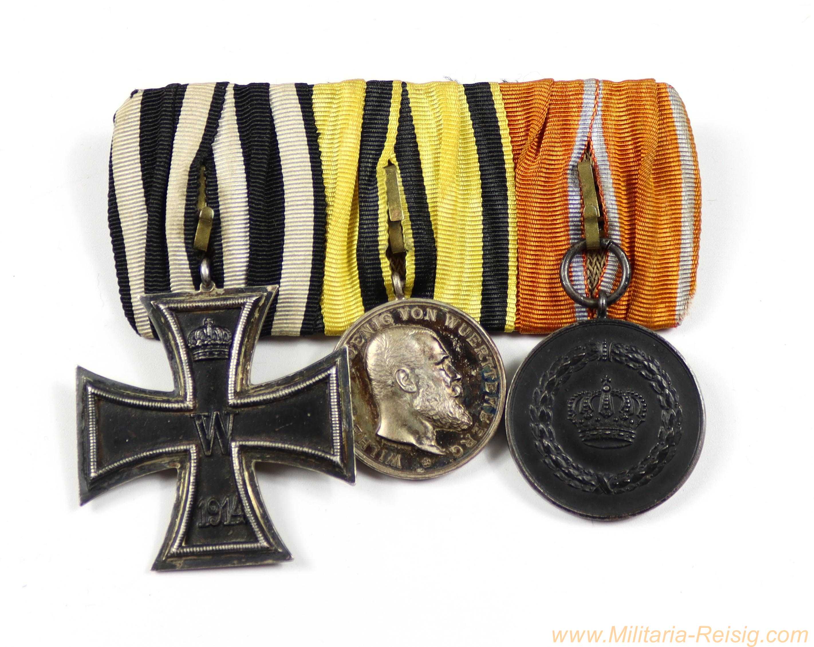 3er Ordensspange – EK2 1914 / Württemberg Silberne Militärverdienstmedaille 1892 "K. Schwenzer" / Württemberg Dienstauszeichnung 3. Klasse 1913