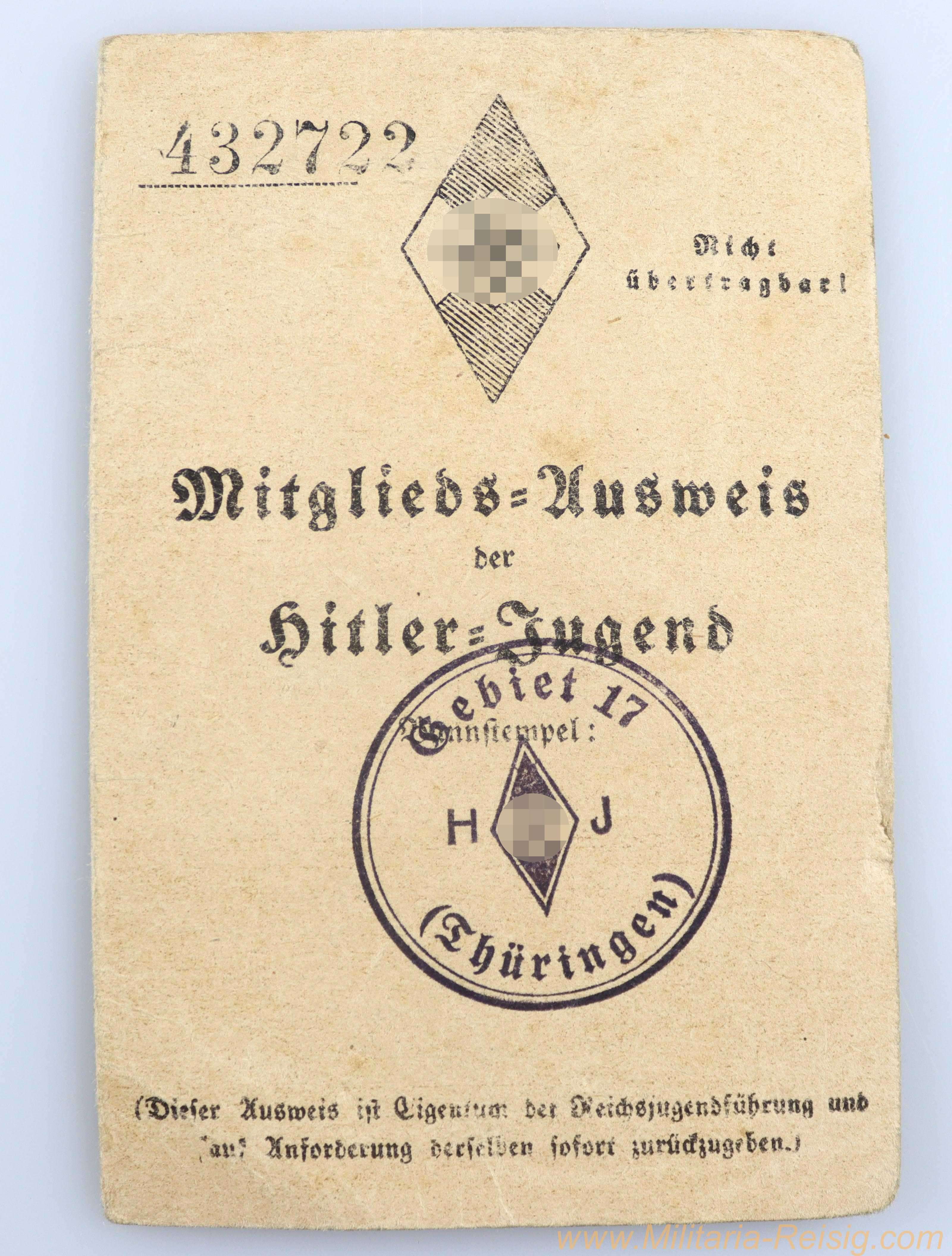 HJ Mitgliedsausweis Gebiet 17 Thüringen