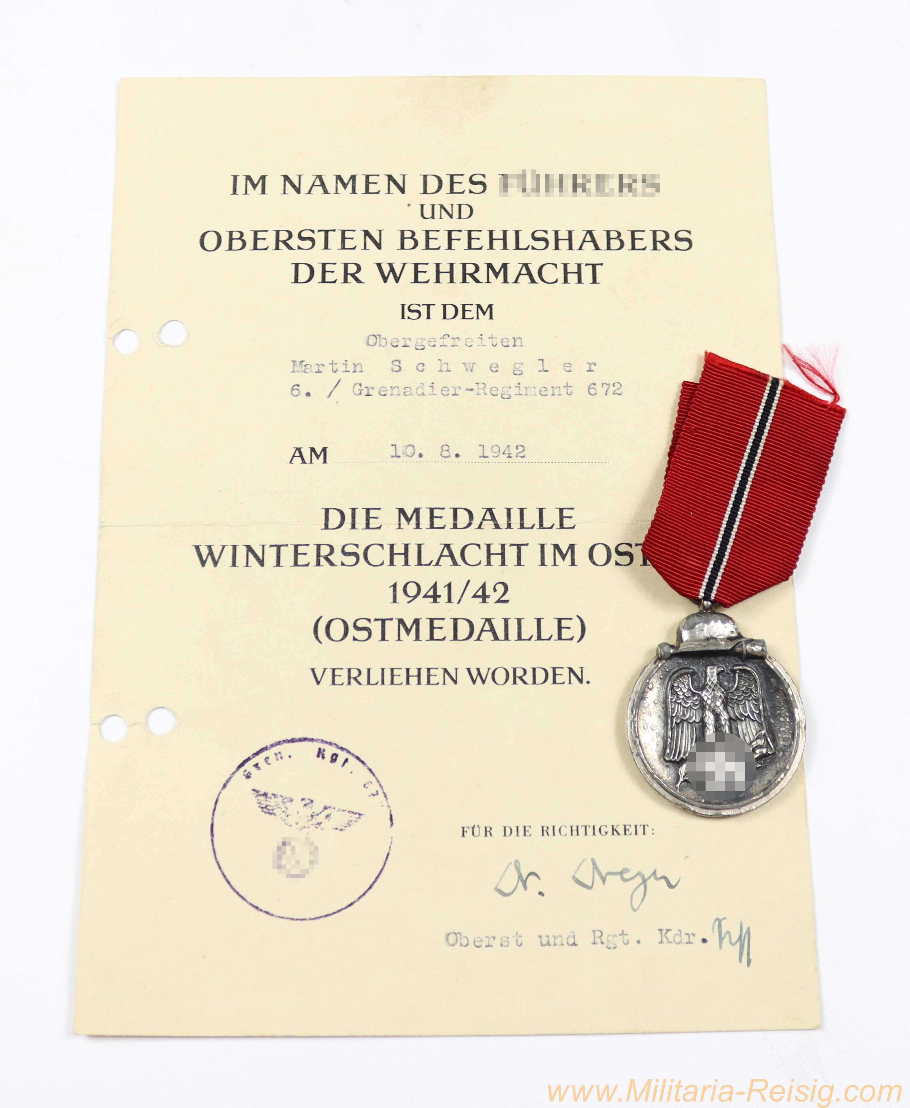 Medaille "Winterschlacht im Osten 1941/42" mit Verleihungsurkunde