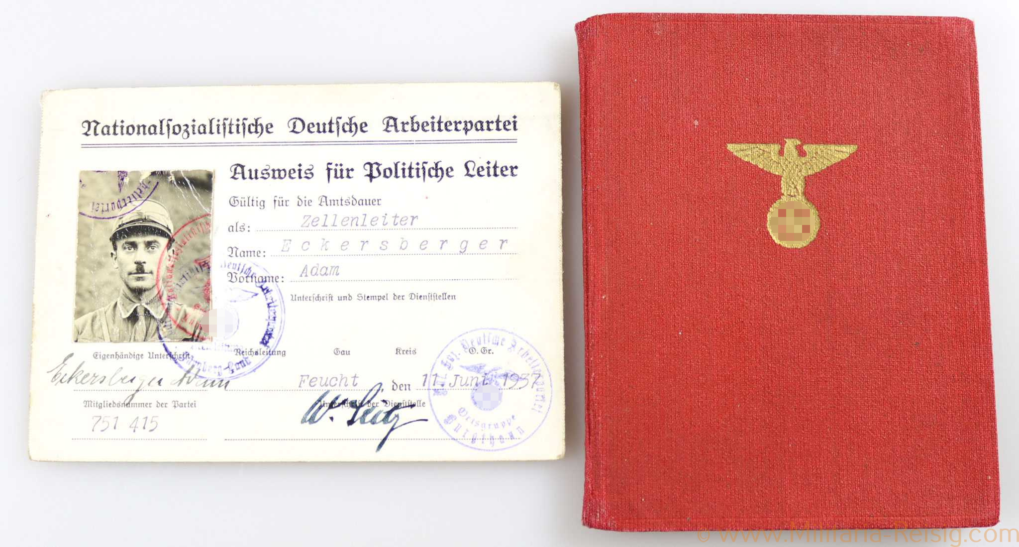 Ausweis + NSDAP Mitgliedsbuch 1935 Nr. 751415, Ortsgruppe Burgthann  