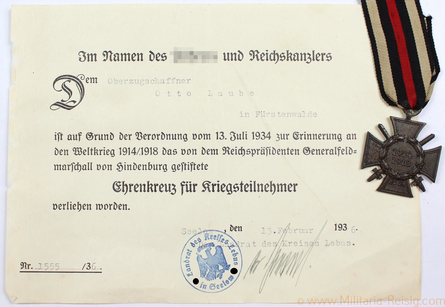 Ehrenkreuz für Frontkämpfer und Verleihungsurkunde