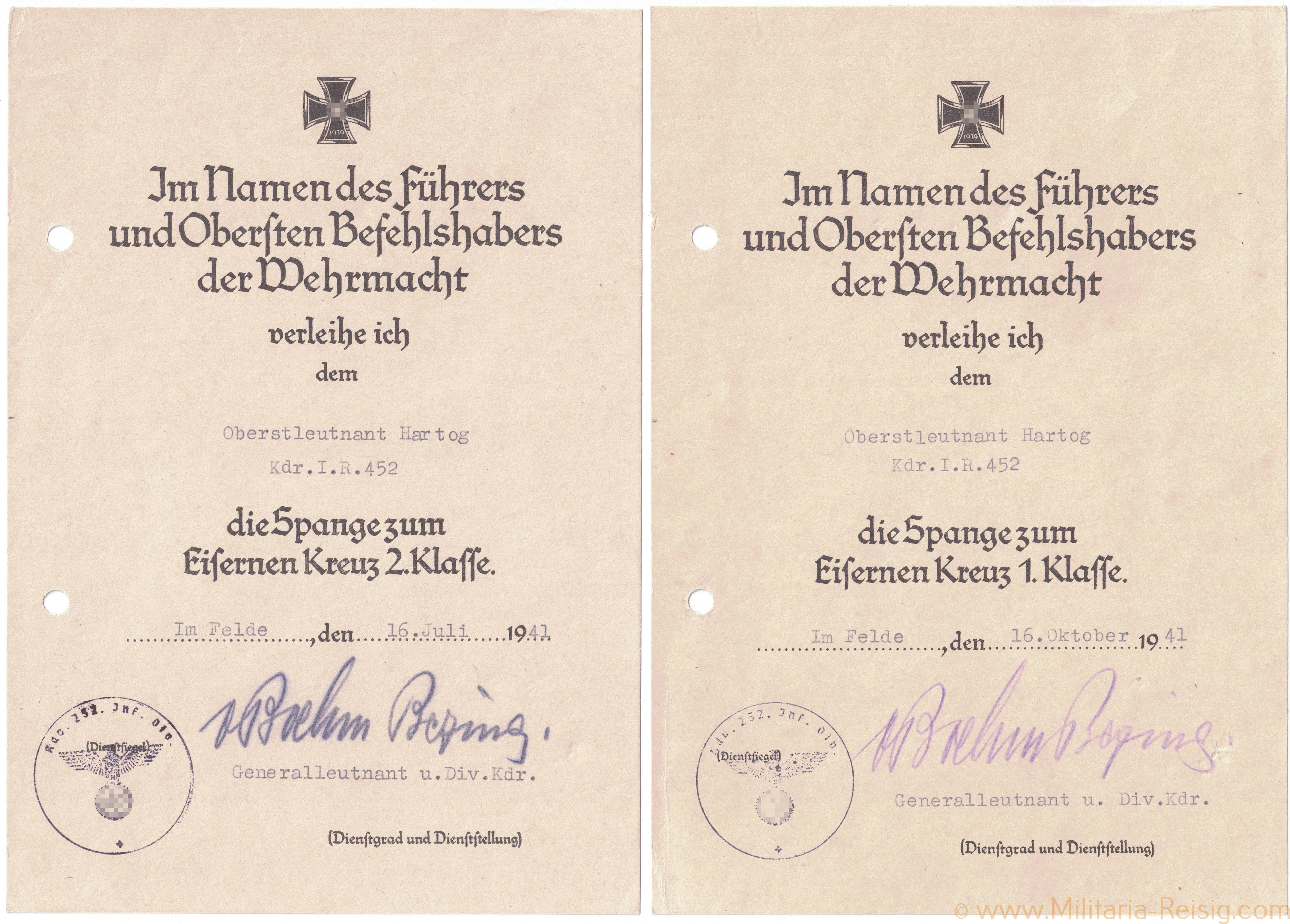 Verleihungsurkunden für die Spange zum Eisernen Kreuz 2. u. 1. Klasse