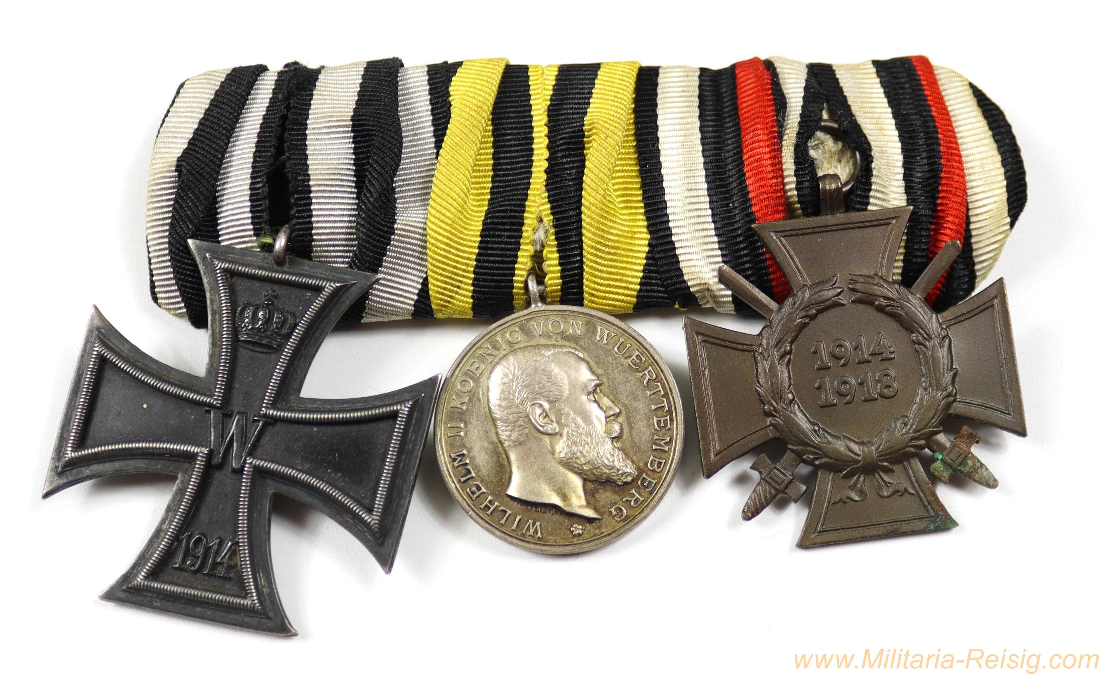 3er Ordensspange – EK2 1914 / Württemberg Silberne Militärverdienstmedaille 1892 "K. Schwenzer" / Frontkämpfer-Ehrenkreuz