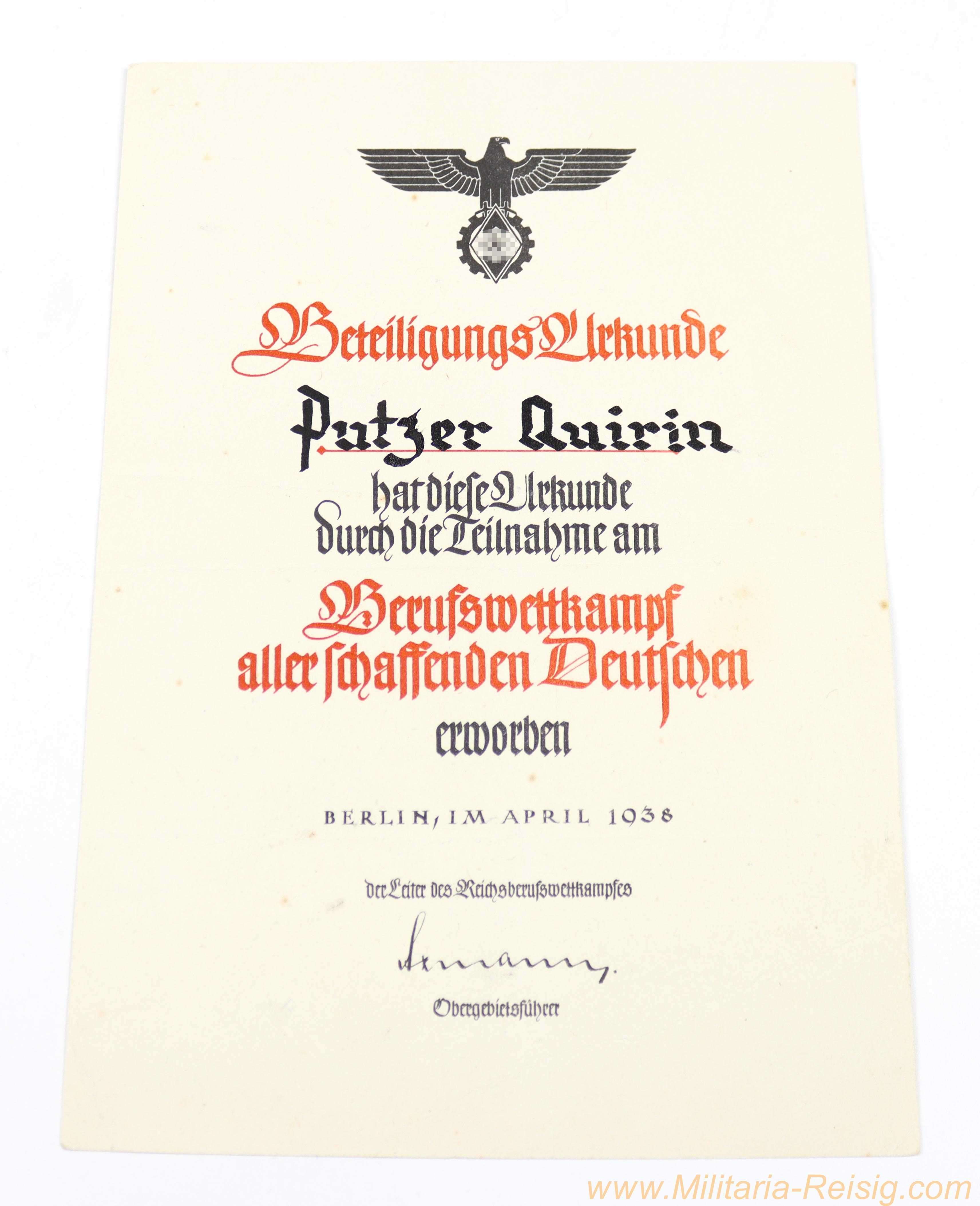 Beteiligungsurkunde Reichsberufswettkampf 1938, ausgestellt auf Quirin Putzer