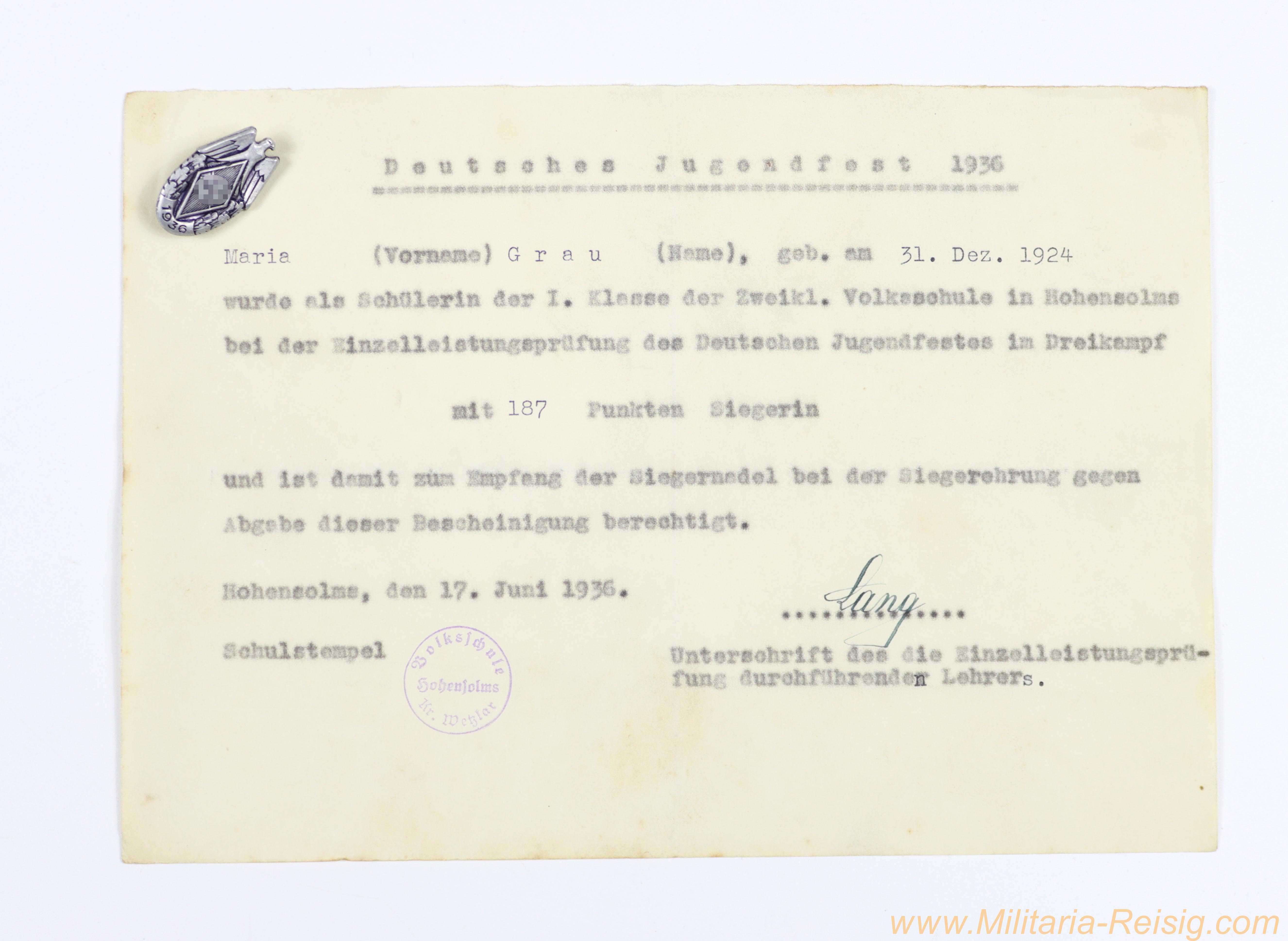 Deutsches Jugendfest 1936 - Siegernadel mit Verleihungsurkunde - Hillenbrand & Bröer Lüdenscheid