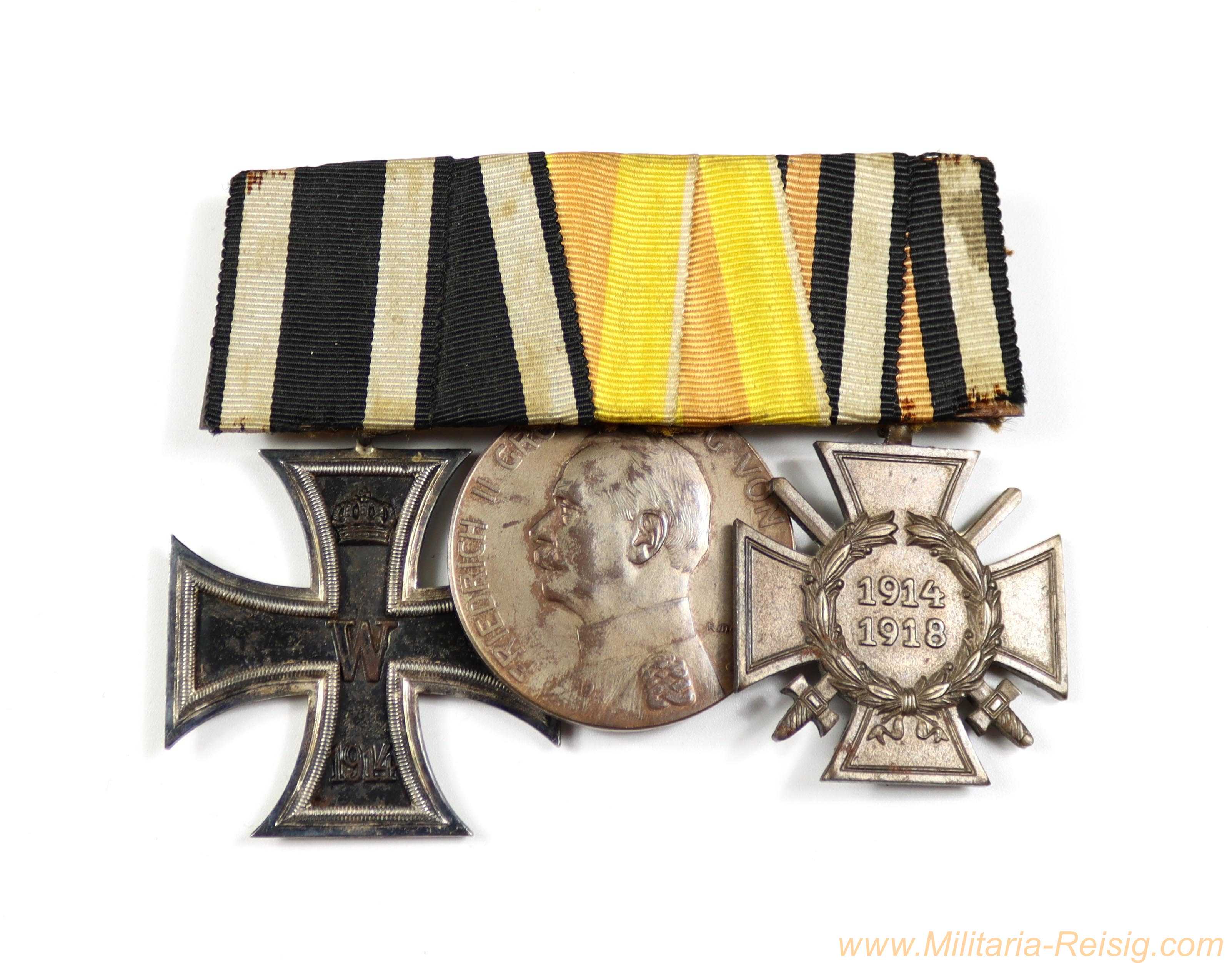 3er Ordensspange – EK2 1914 / Badische Silberne Verdienstmedaille Friedrich II. / Frontkämpfer-Ehrenkreuz