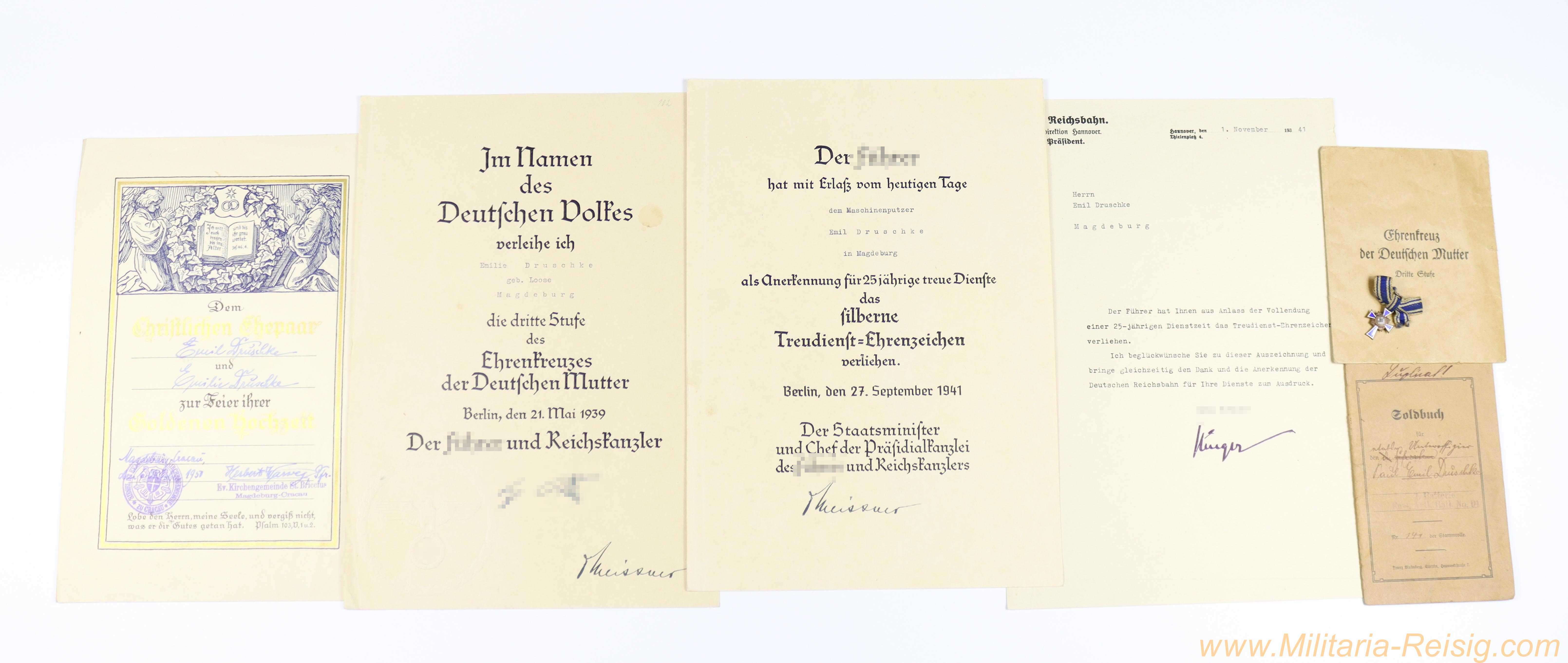 Nachlass Emil & Emilie Druschke, Magdeburg - Ehrenkreuz der Deutschen Mutter 3. Stufe, Treudienst-Ehrenzeichen & Soldbuch 1. WK