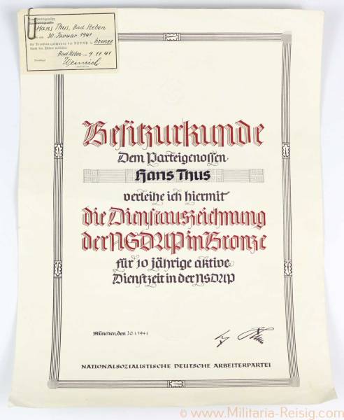 Besitzurkunde zur NSDAP Dienstauszeichnung in Bronze