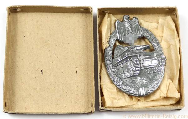 Panzerkampfabzeichen Silber in Schachtel, Hersteller Hermann Aurich Dresden